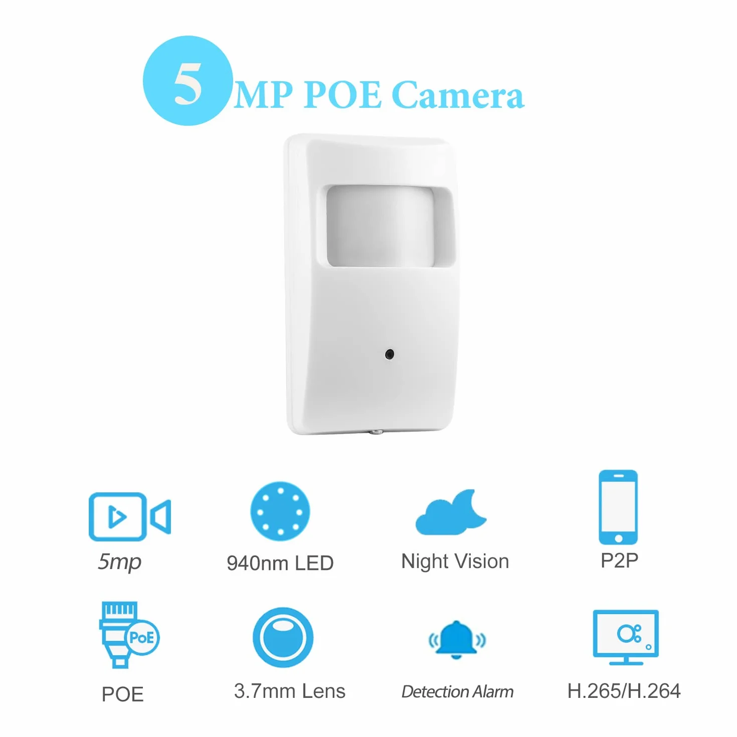 5 MP PIR POE IP mała kamera CCTV, obiektyw 3,7 mm, 940 nm, niewidoczne diody LED, widoczność w nocy, P2P PIR kamera wideo H.265 (IPIR-M-P-HS, biała)