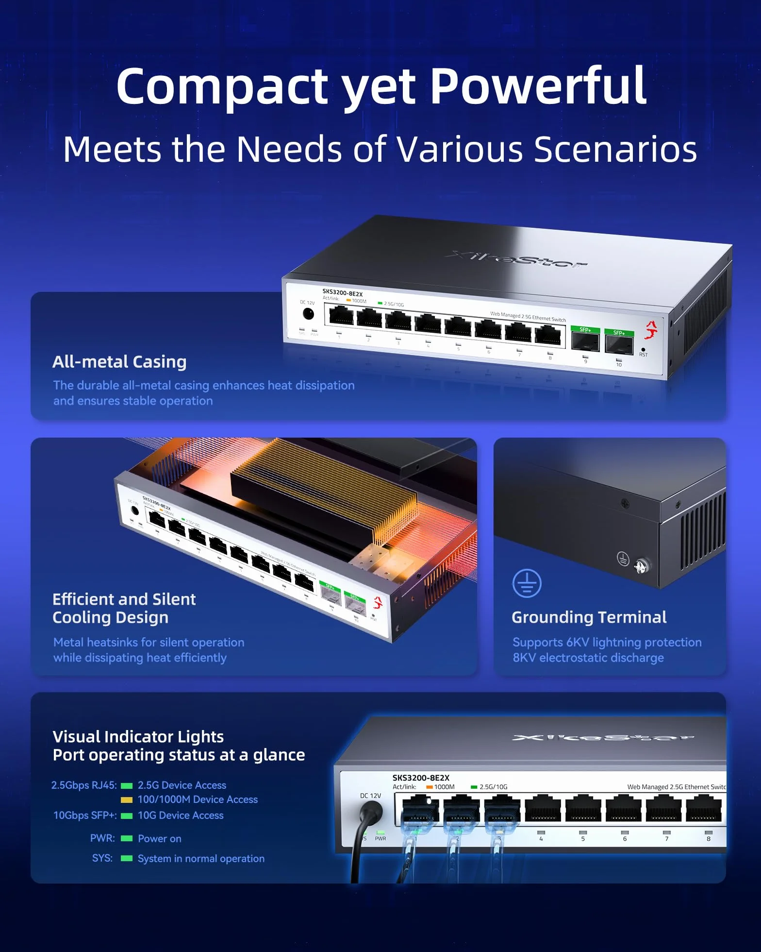 Przełącznik sieciowy zarządzalny z 8 portami 2.5G (zarządzanie przez Web, 8 portów RJ45 100M/1000M/2.5G + 2 porty SFP+ 10G, bez wentylatora, mostkowanie VLAN, na biurko/montowany w racku)