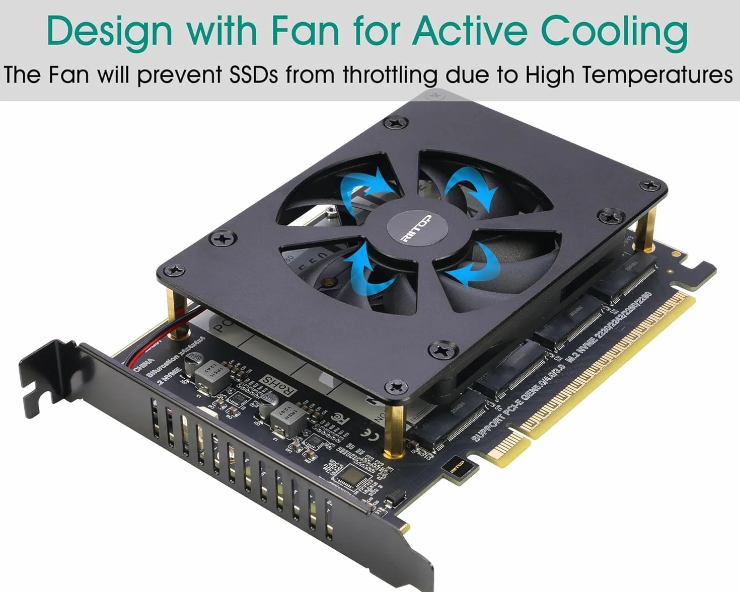 Quad NVMe PCIe 5.0 adapter z wentylatorem, RIITOP PCIe 5.0 x16 do 4X NVMe SSD (kompatybilny z płytami głównymi PCI-e Bifurkation)