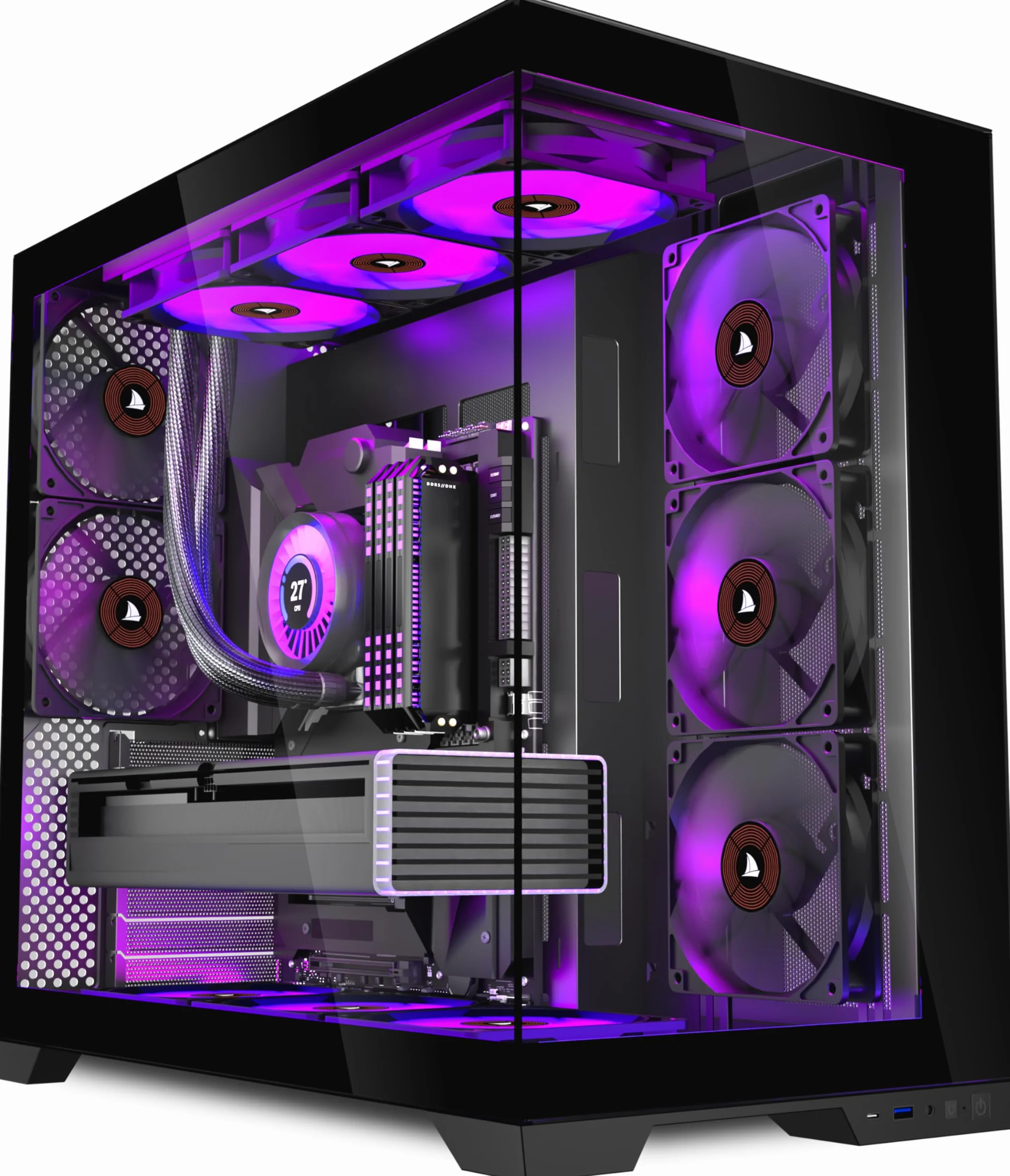 KEDIERS Obudowa PC, 5 fabrycznie zainstalowanych wentylatorów, obudowa do gier ATX Mid Tower - obudowa komputera z otwartą częścią boczną ze szkła hartowanego w kolorze czarnym