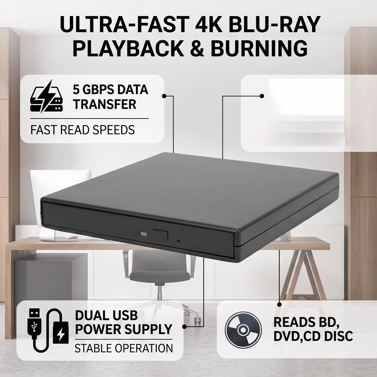 PUSOKEI Odtwarzacz Zewnętrznych Napędów Blu Ray 4K USB, Kompatybilny z Odczytem/zapisem (SILVER)