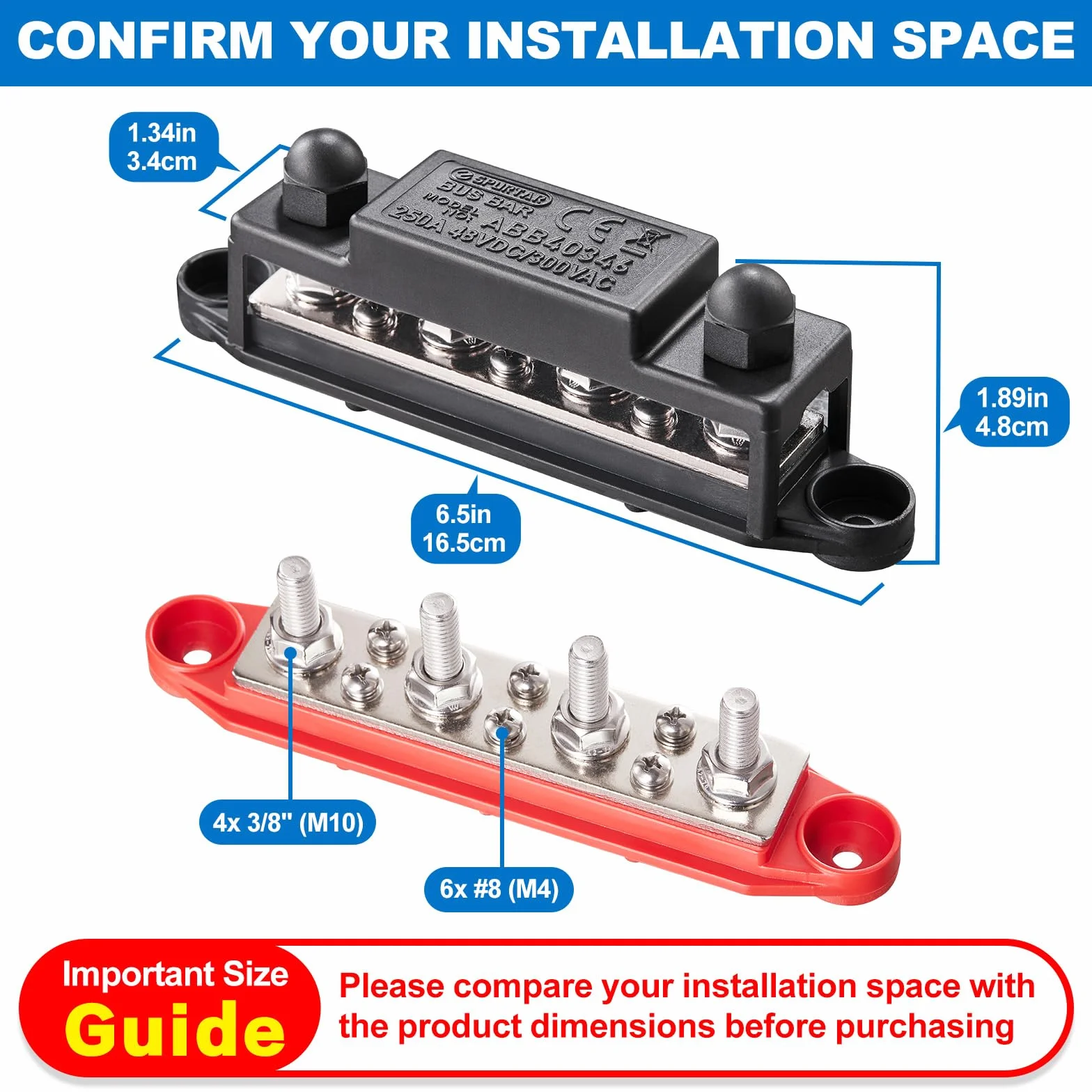 Spurtar 12V Szyna Zbiorcza Bus Bar 250A - 4x M10 Zaciski, 6x M4 Śruby, Blok Dystrybucji Zasilania 12V/24V/48V do Samochodu, Kampera, Łodzi, ATV, Przyczepy - Nie nadaje się do ciasnych przestrzeni