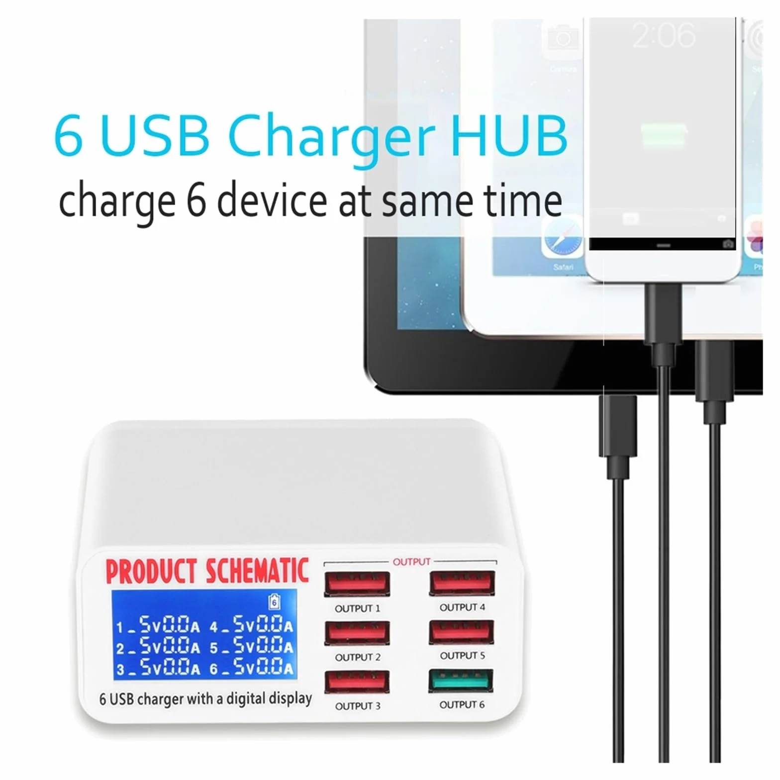 6-portowa Ładowarka USB HUB Szybka Wieloportowa Stacja Ładująca Wyświetlacz LED Do Smartfonów MożLiwość Szybkiego łAdowania