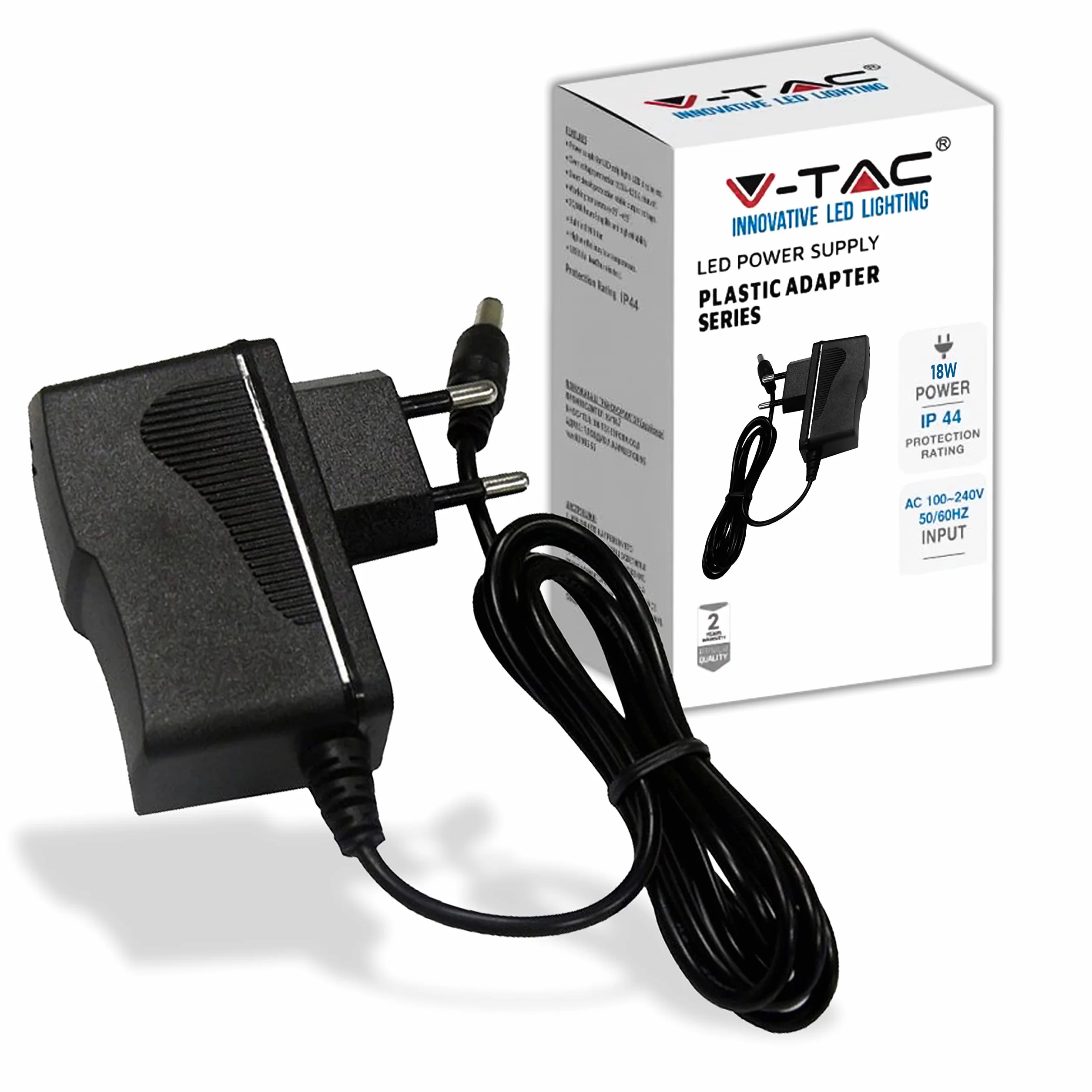 V-TAC Zasilacz 12 V 18 W, 1,5 A do kamer, taśmy LED, modem - transformator Plug&Play z wtyczką domową do ekranów i urządzeń elektronicznych - Wejście AC 100-240 V 50/60 Hz