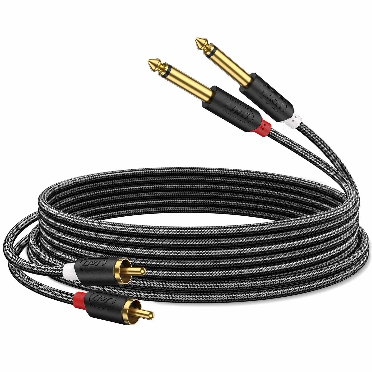 J&D 2 x kabel 6,35 mm do 2RCA, pozłacany [seria AudioWave] 2 x 6,35 mm 1/4" męski TS do 2 RCA, męski adapter audio, kabel rozdzielający Y z powłoką PCW i nylonową plecionką - 0,9 m