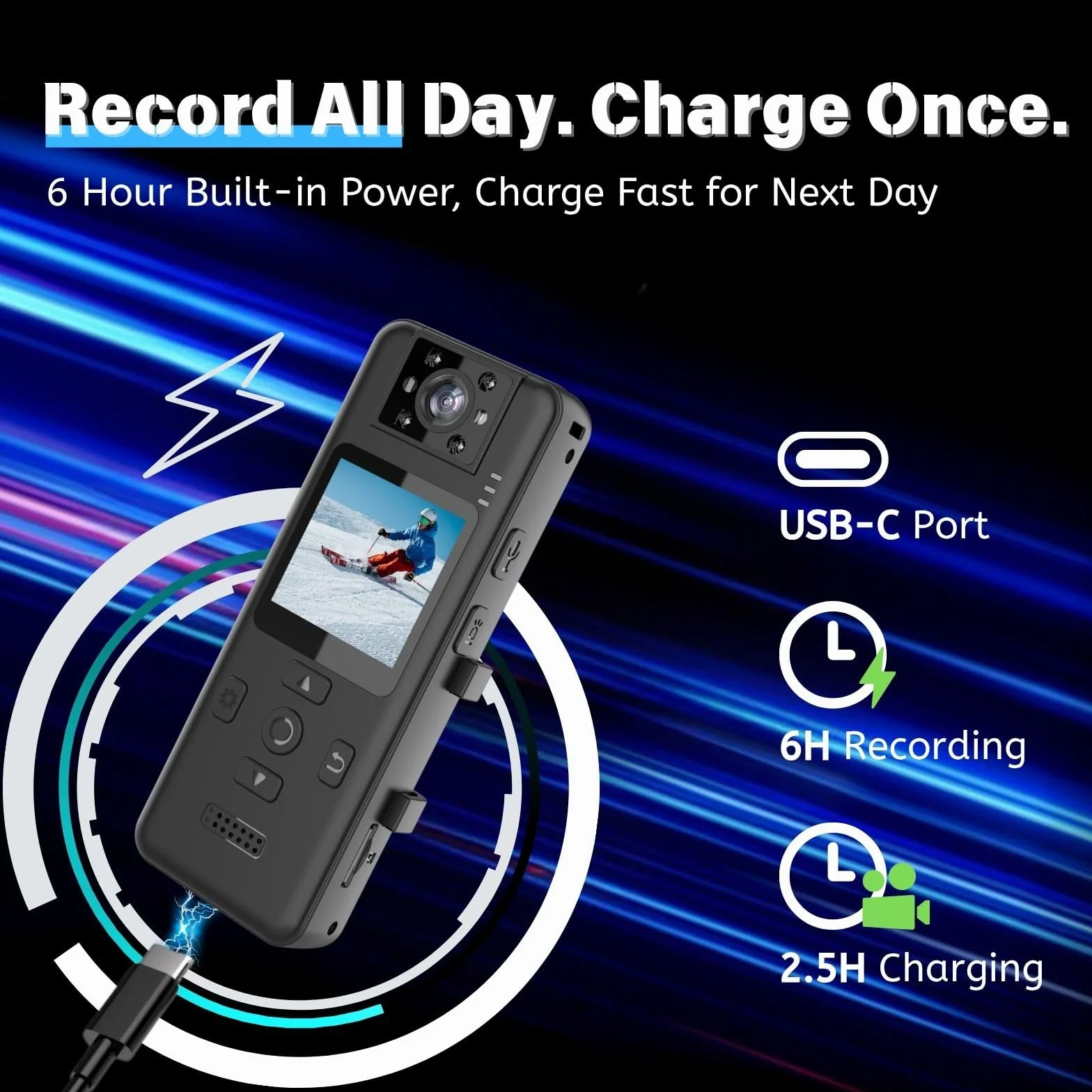 Kamera Bodycam 4K 4K 128 GB z obrotową soczewką 180°, kamera sportowa z akumulatorem 6 godzin, noktowizor, przenośna kamera dla zwierząt domowych, do biura, do pracy w zakresie bezpieczeństwa