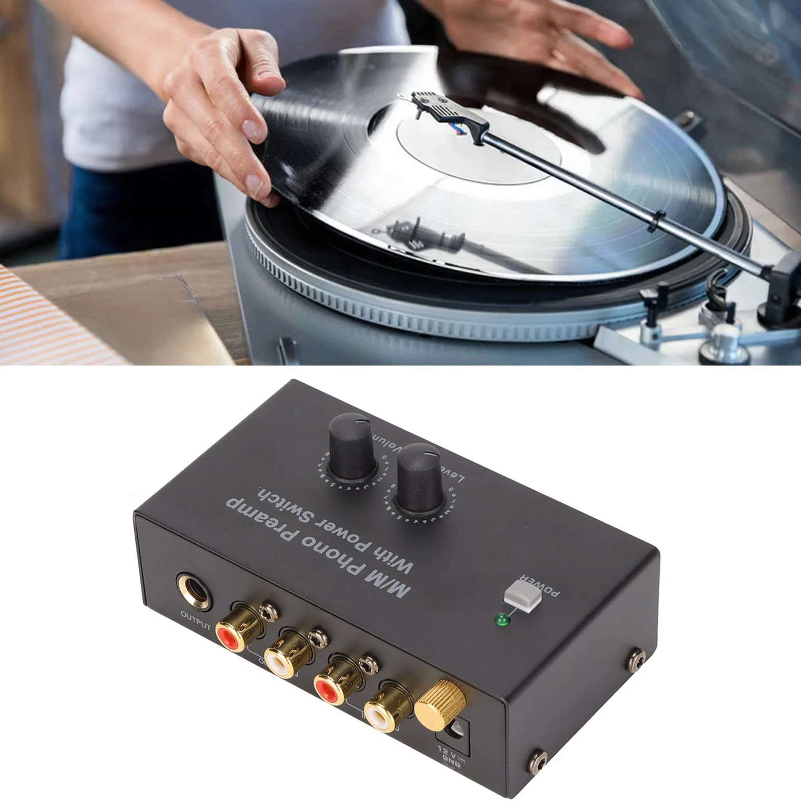 Przedwzmacniacz gramofonowy z zasilaczem DC 12V z wejściem stereo Rca i wyjściem Rca, redukujący niepożądane szumy i zakłócenia