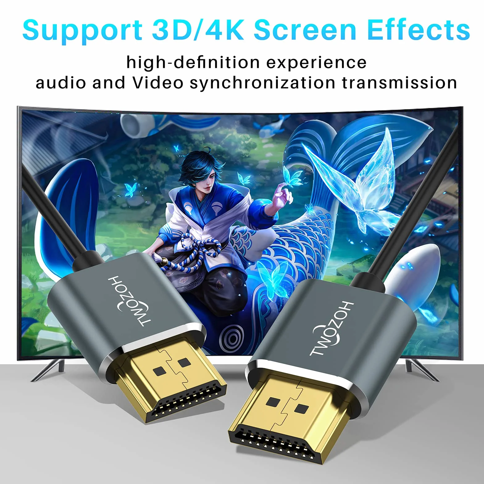 Twozoh Ultra cienki kabel HDMI do HDMI 2M, kabel Hyper Slim HDMI 2.0, ekstremalnie elastyczny kabel HDMI 4K obsługuje 3D/4 K@60 Hz, 2160P, 1080P