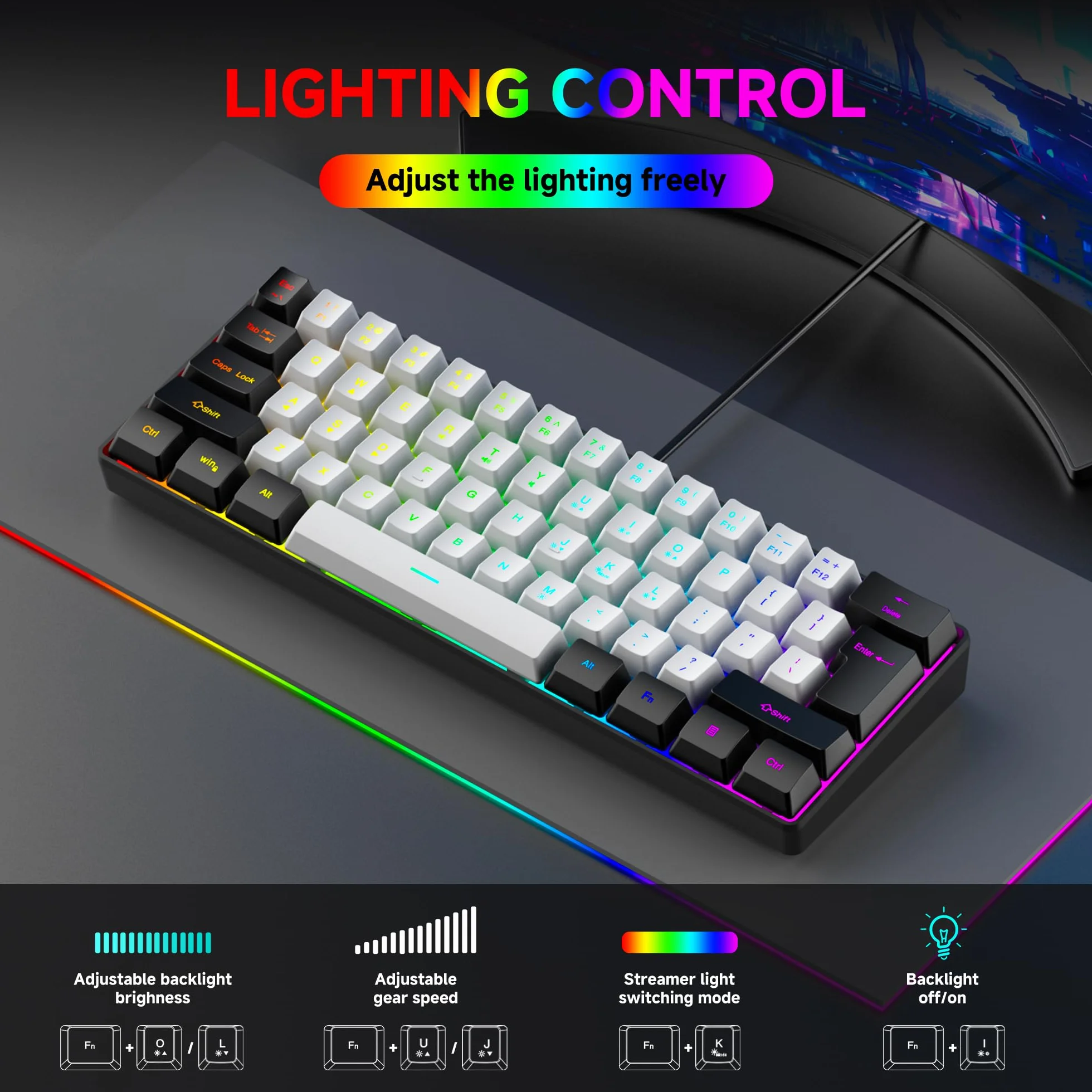 61-klawiszowa kompaktowa klawiatura do gier RGB, układ 60%, kompatybilna z USB-A i typu C, ergonomiczne klawisze membranowe, 8-kolorowe podświetlenie, Plug & Play, do PC/laptopa (Windows 10/8/7)