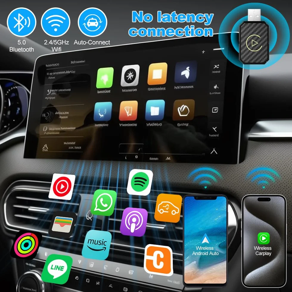 Bezprzewodowy adapter bezprzewodowy Android Auto i Carplay, bezprzewodowy adapter Carplay 2025, 2 w 1, konwersja Wired Android Auto/Car Play in Wireless do pojazdów z Carplay