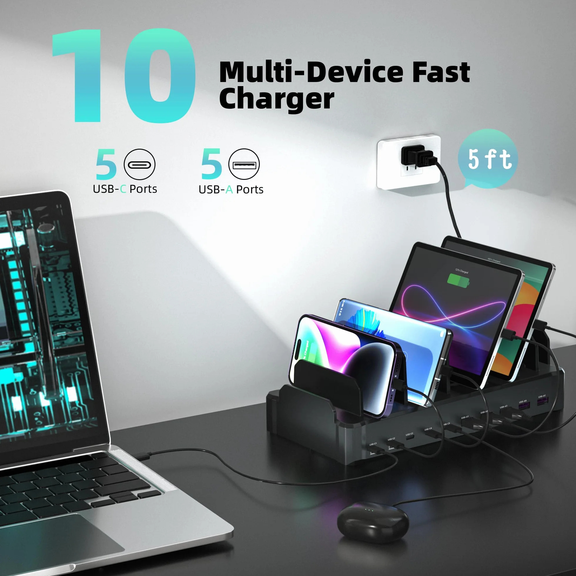 Zobirez - Stacja ładująca 320 W dla wielu urządzeń, 10-portowa stacja szybkiego ładowania USB C dla MacBooka, iPhone'a, telefonu komórkowego z systemem Android, iPad, tabletów, wielu organizatorów
