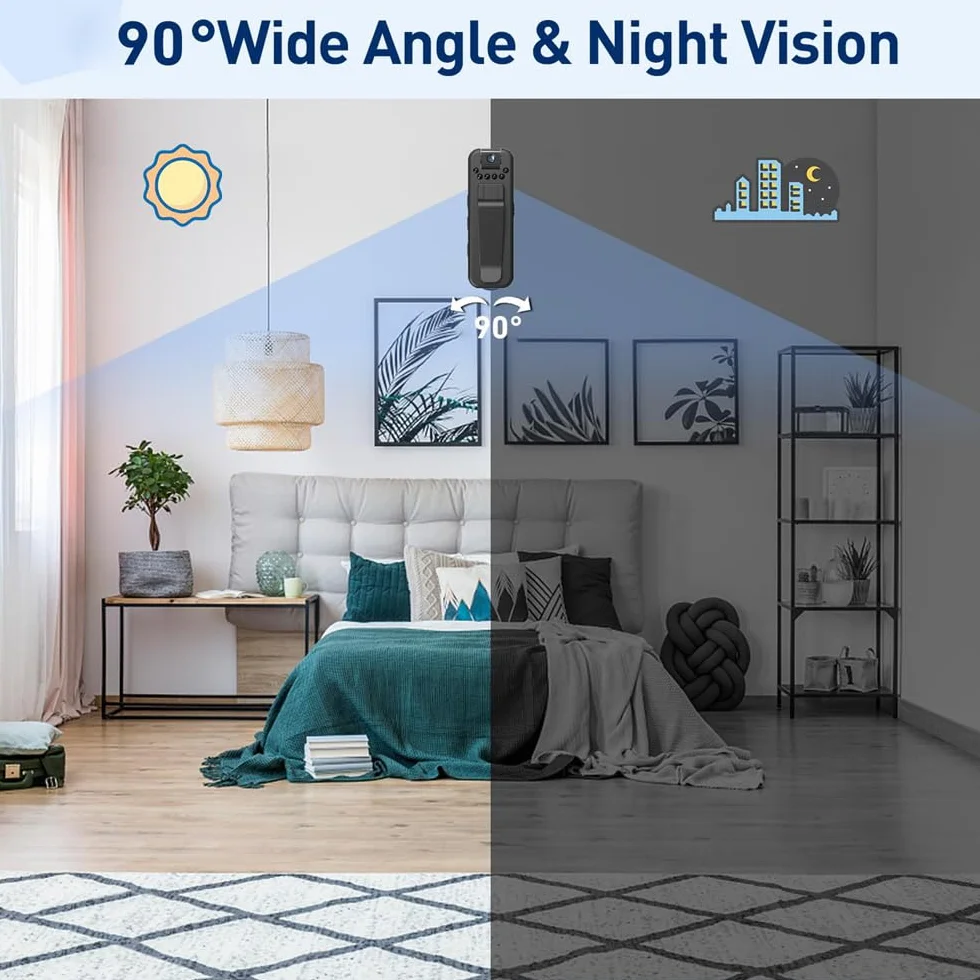 Andoer Mini kamera 1080P HD z nagrywaniem audio i wideo, przenośny rejestrator wideo, obiektyw obracany o 180°, noktowizor, duża pojemność baterii, szeroki kąt 90°, z tylnym klipsem, do codziennego