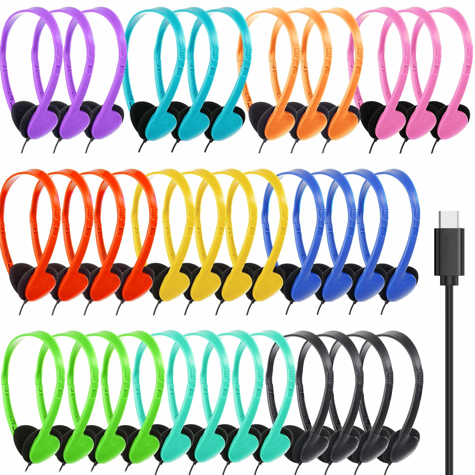 Słuchawki typu C luzem do klasy, szkoły, dzieci, 25 sztuk, przewodowe słuchawki USB C do szkoły kompatybilne ze smartfonami, różne kolory