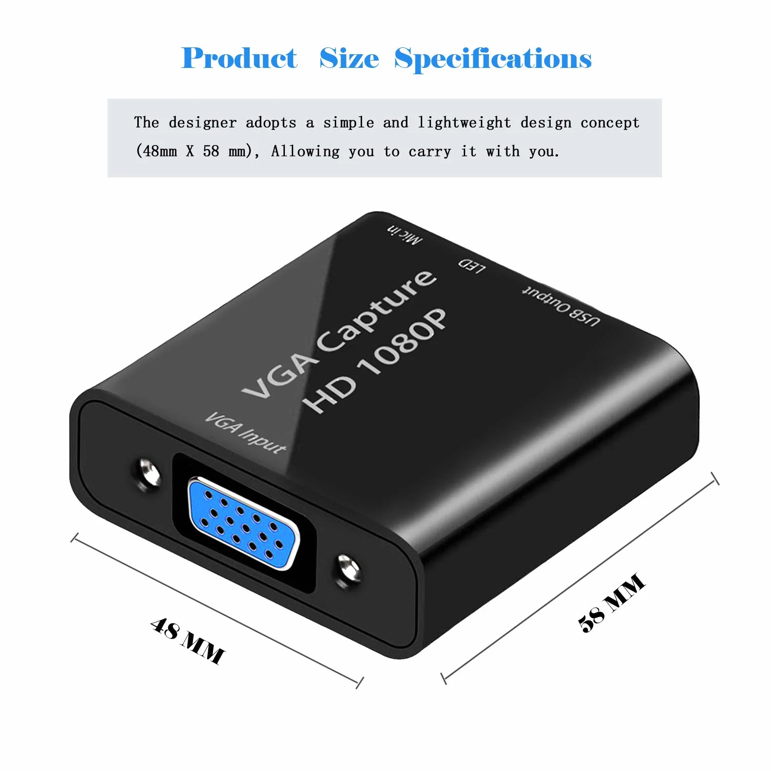 Karta przechwytywania wideo, adapter VGA na USB z wejściem mikrofonowym, adapter wideo HD 1080p, do transmisji na żywo, laptopów, monitorów, wideokonferencji i gier