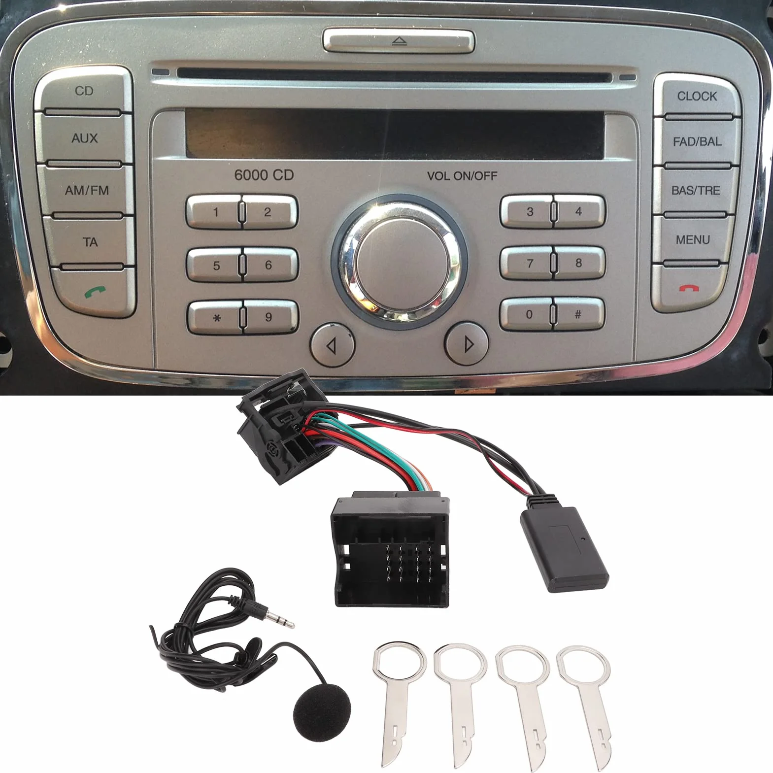 Adapter Samochodowy Bluetooth, Bezprzewodowy Adapter Audio Bluetooth 5.0 Kabel aux in z Mikrofonem Wymiana dla Focus Mondeo Fusion 6000CD