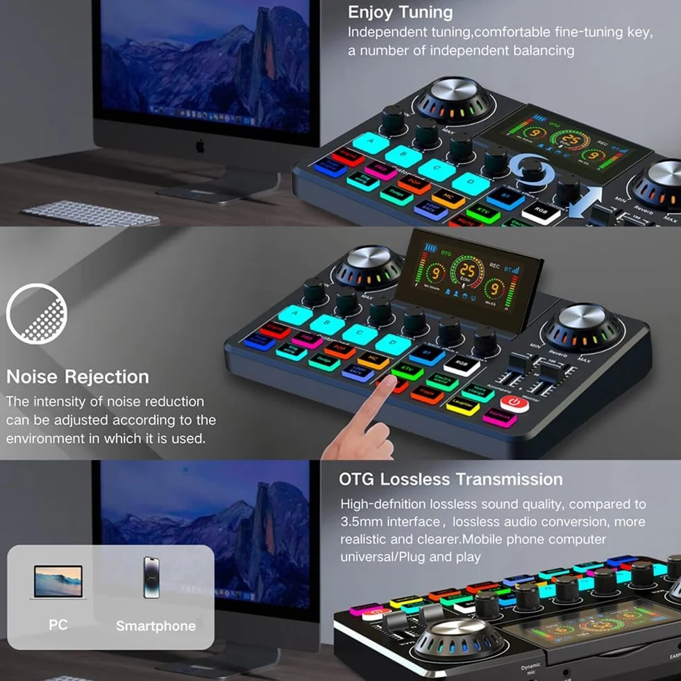 Karta dźwiękowa na żywo i mikser DJ Mikser audio z zmieniaczem głosu, płyta dźwiękowa z oświetleniem RGB, sprzęt do nagrywania muzyki