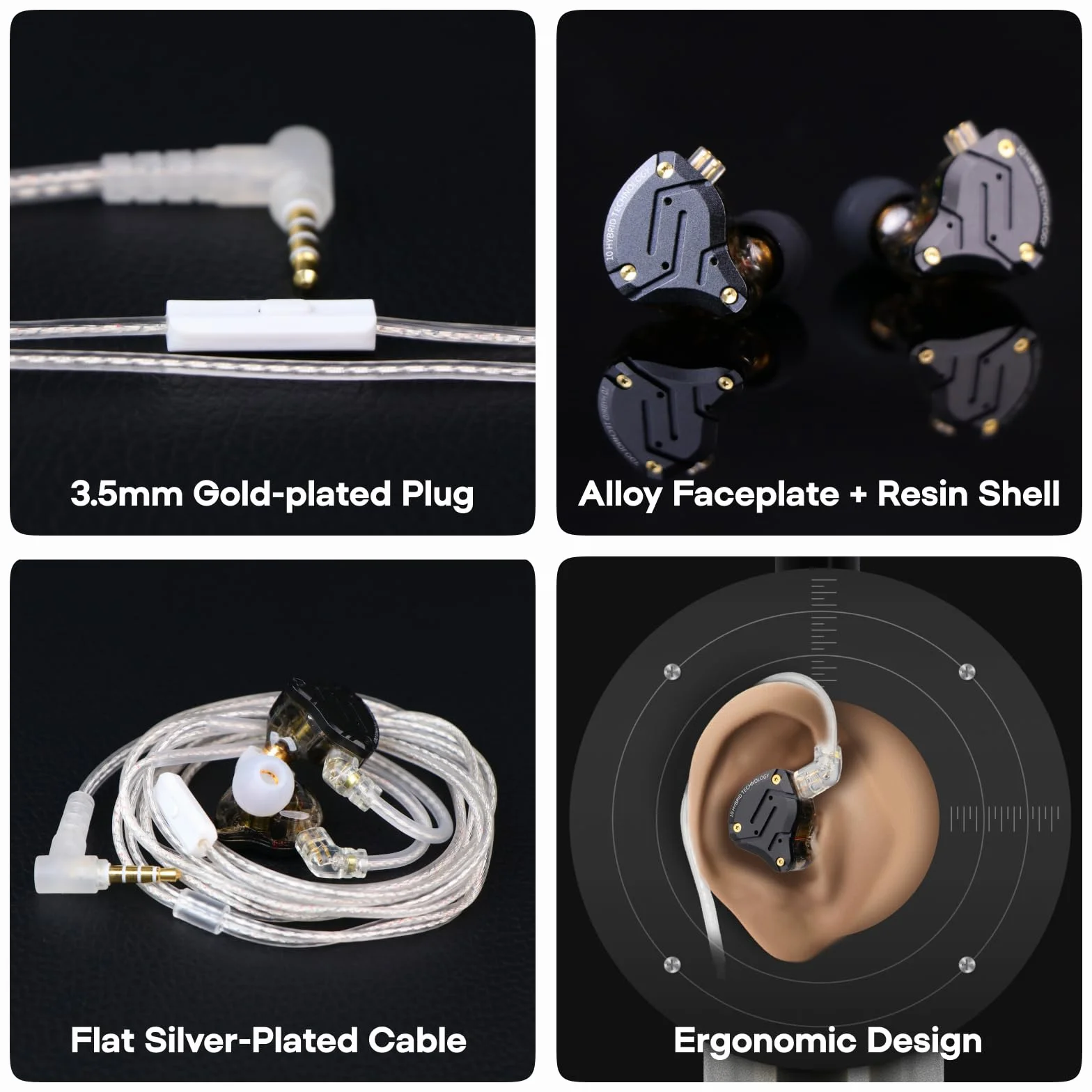 Linsoul KZ ZS10 Pro X Upgraded 1DD+4BA Hybrydowe słuchawki IEM HiFi z frontem ze stopu, odłączany i wpuszczany kabel 2-pinowy dla audiofilskiego muzyka DJ Stage(Bez mikrofonu) | Z płytą czołową ze stopu, odłączany, posrebrzany, wpuszczany 2-pinowy kabel I