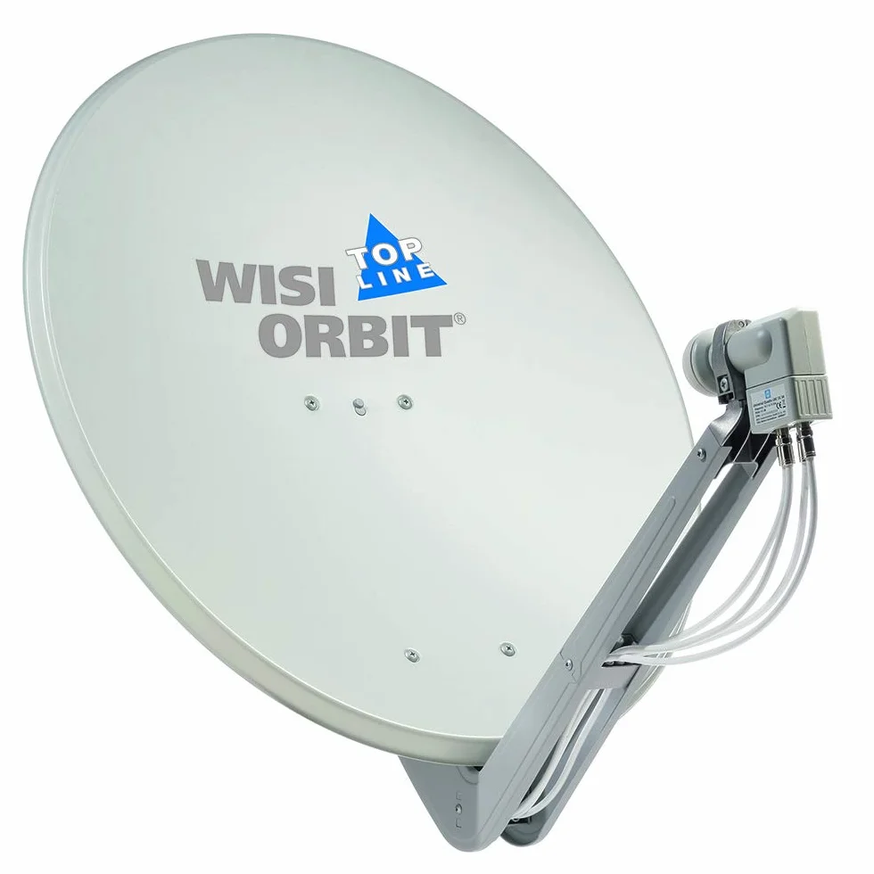 WISI Orbit Topline antena offsetowa OA85G w kolorze jasnoszarym – 85 cm reflektor z aluminium z 40 mm uchwytem LNB, podnoszonym i obejmami maszowymi – kompletna antena satelitarna z akcesoriami montażowymi