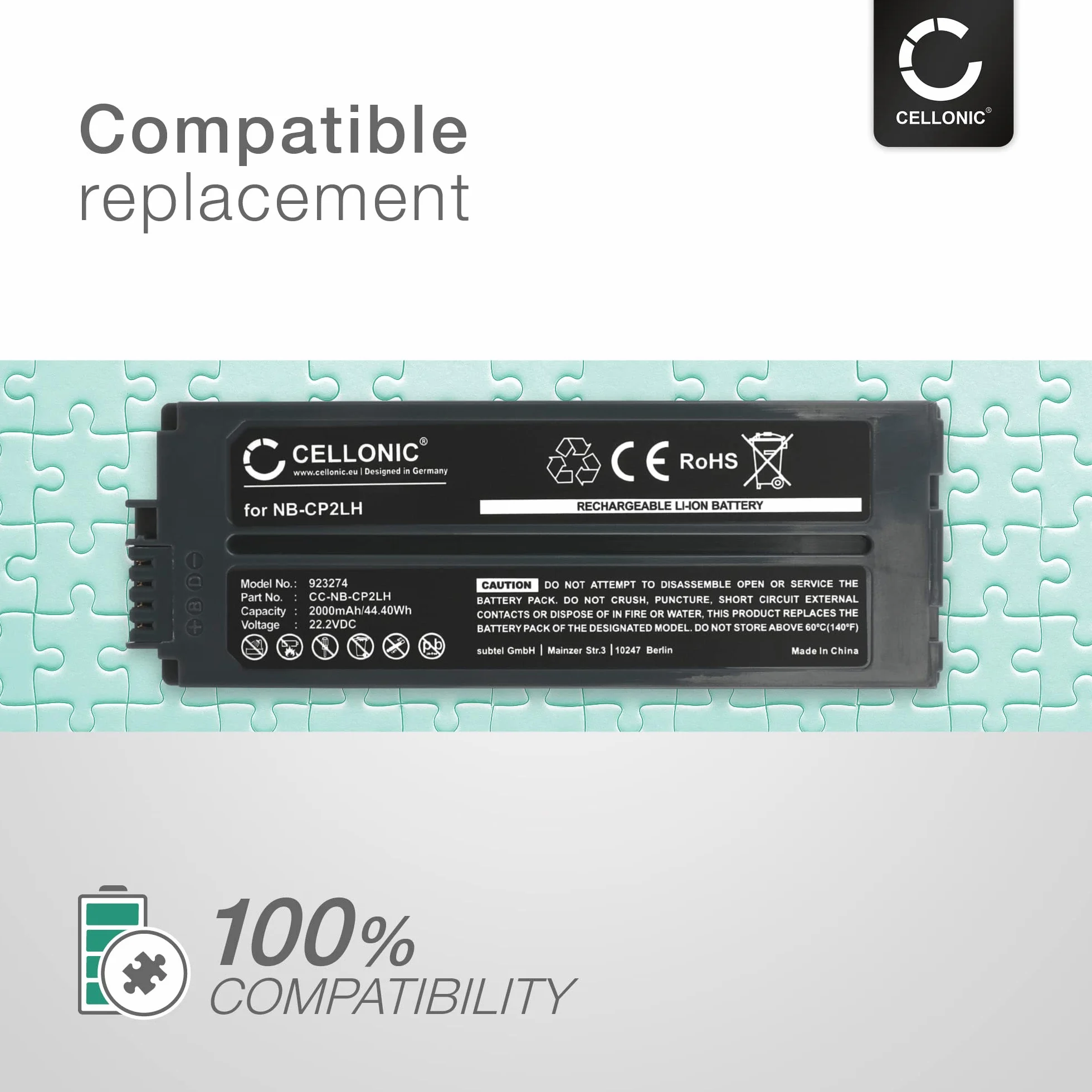 CELLONIC® Bateria do drukarki fotograficznej kompatybilna z Canon Selphy CP1200 CP1000 CP1300, CP910 CP900, CP800 CP810,CP510 CP520,CP780 CP740 CP770,CP400 (20000000000 h) NB-CP2 LH,NB-CP2L - | 1 x (2000 mAh-22,2 V jony), akumulator do drukarki, do Canon