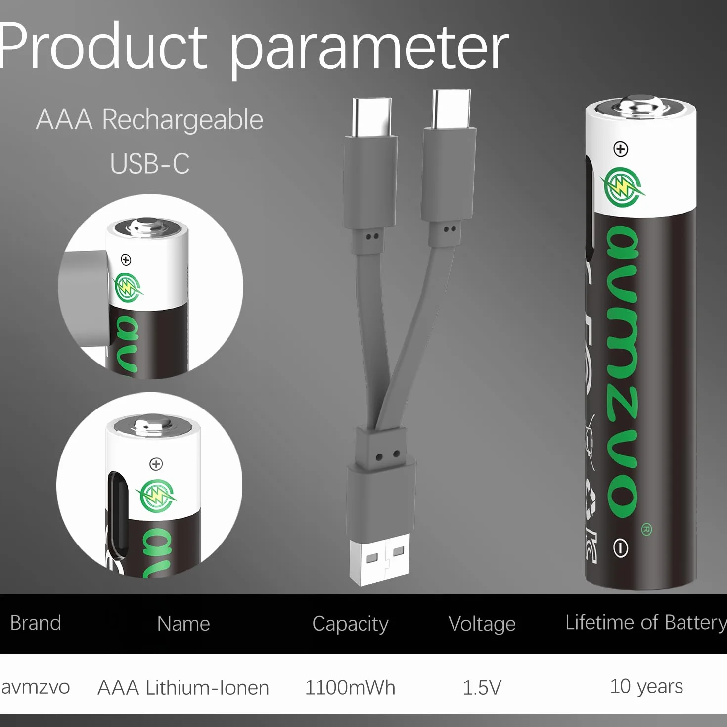 Akumulator AAA, 1,5 V, 1100 mWh, Akumulator litowy USB-C do ładowania z kablem ładującym USB-C 2-w-1, szybkie ładowanie 2-3 godziny, 8 sztuk