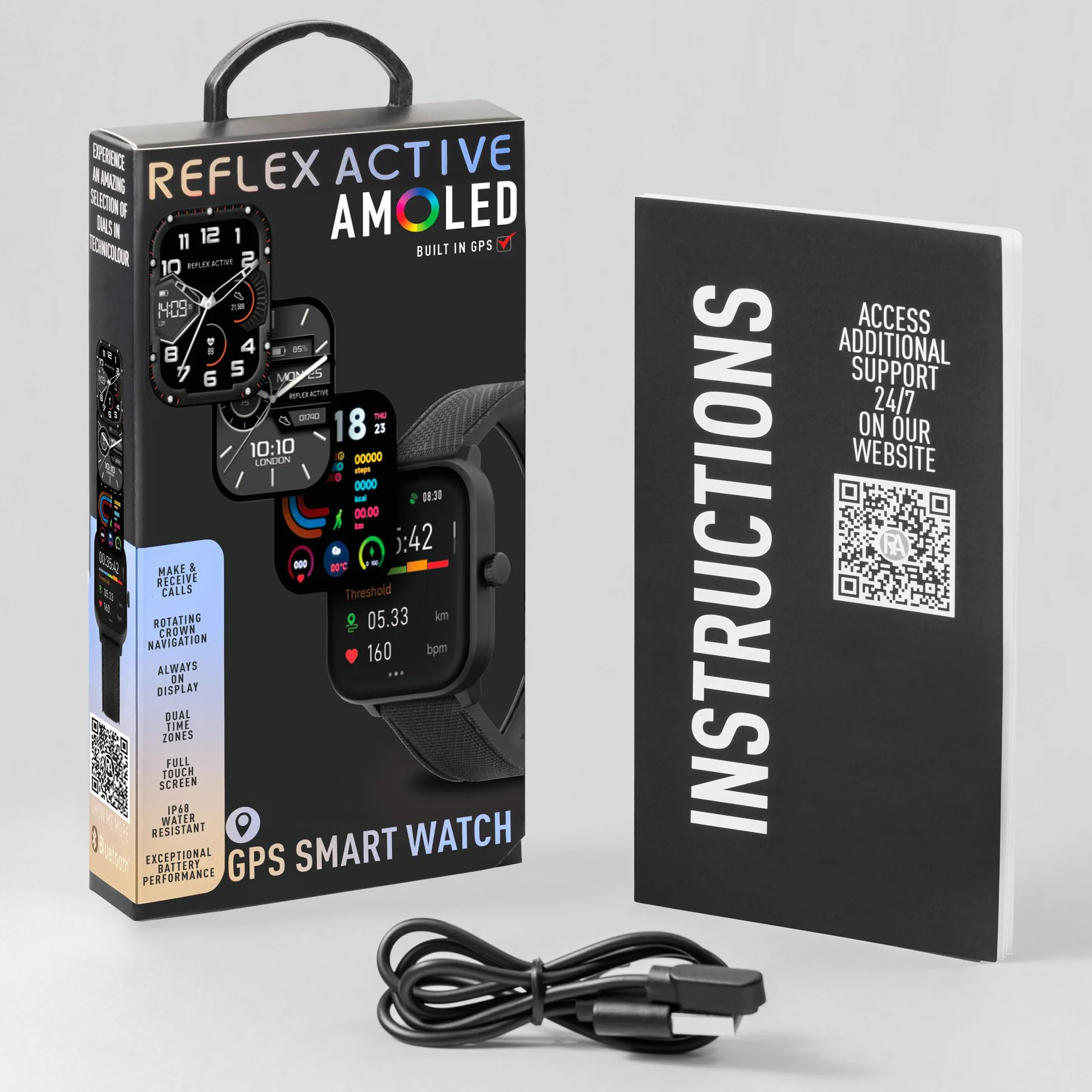 Reflex Active Inteligentny zegarek Amoled Series 44 dla mężczyzn i kobiet z wbudowanym GPS, wodoodpornością IP68, trybami sportowymi, licznikiem kroków, monitorem snu, podwójnym wyświetlaczem czasu i