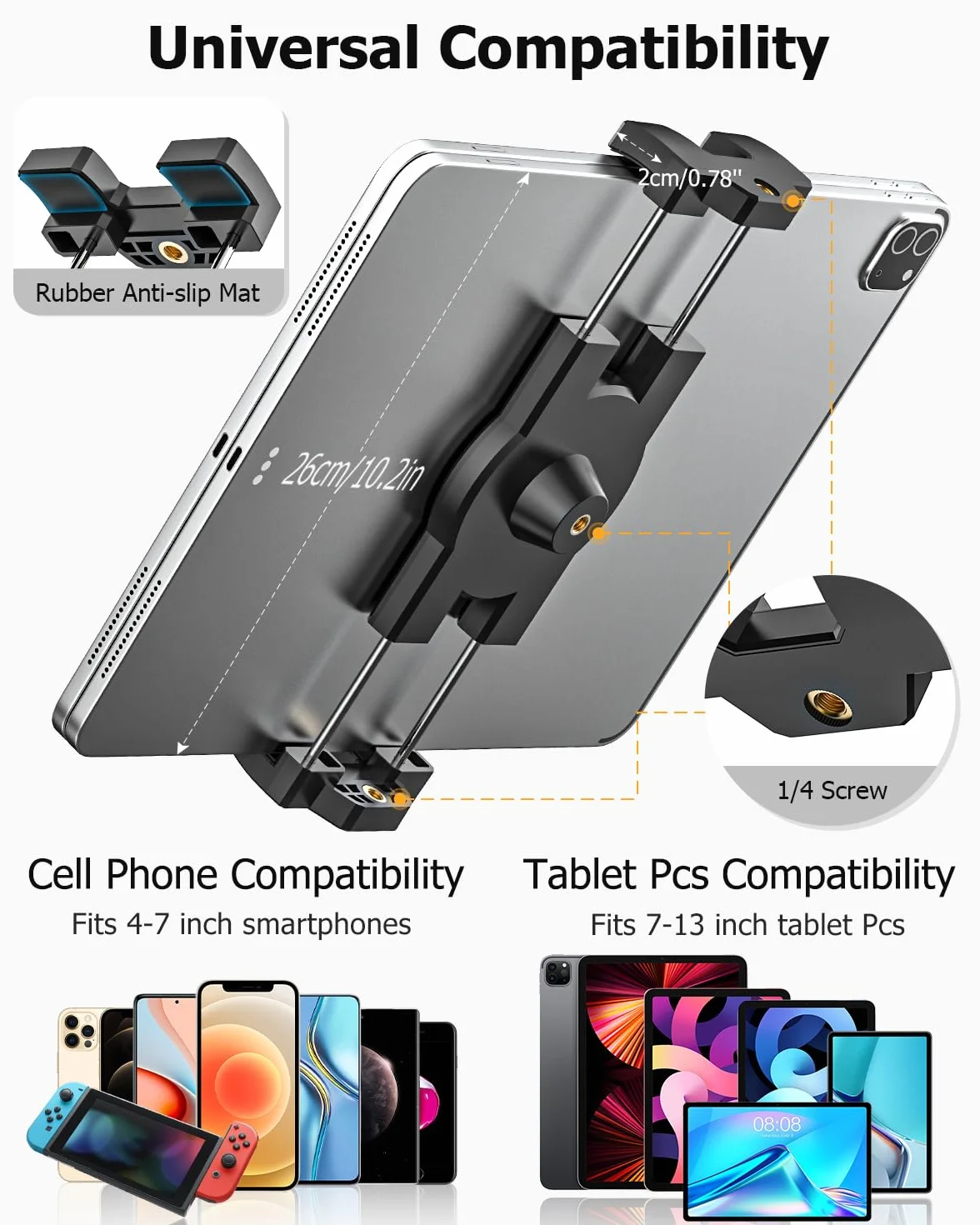 Uchwyt na tablet samochodowy przyssawka przednia [Super mocna przyssawka] | Tablet Deska rozdzielcza z adapterem śrubowym 1/4" do iPada Pro Air Mini, telefonów komórkowych, 4-12,9" i Gopro/kamery