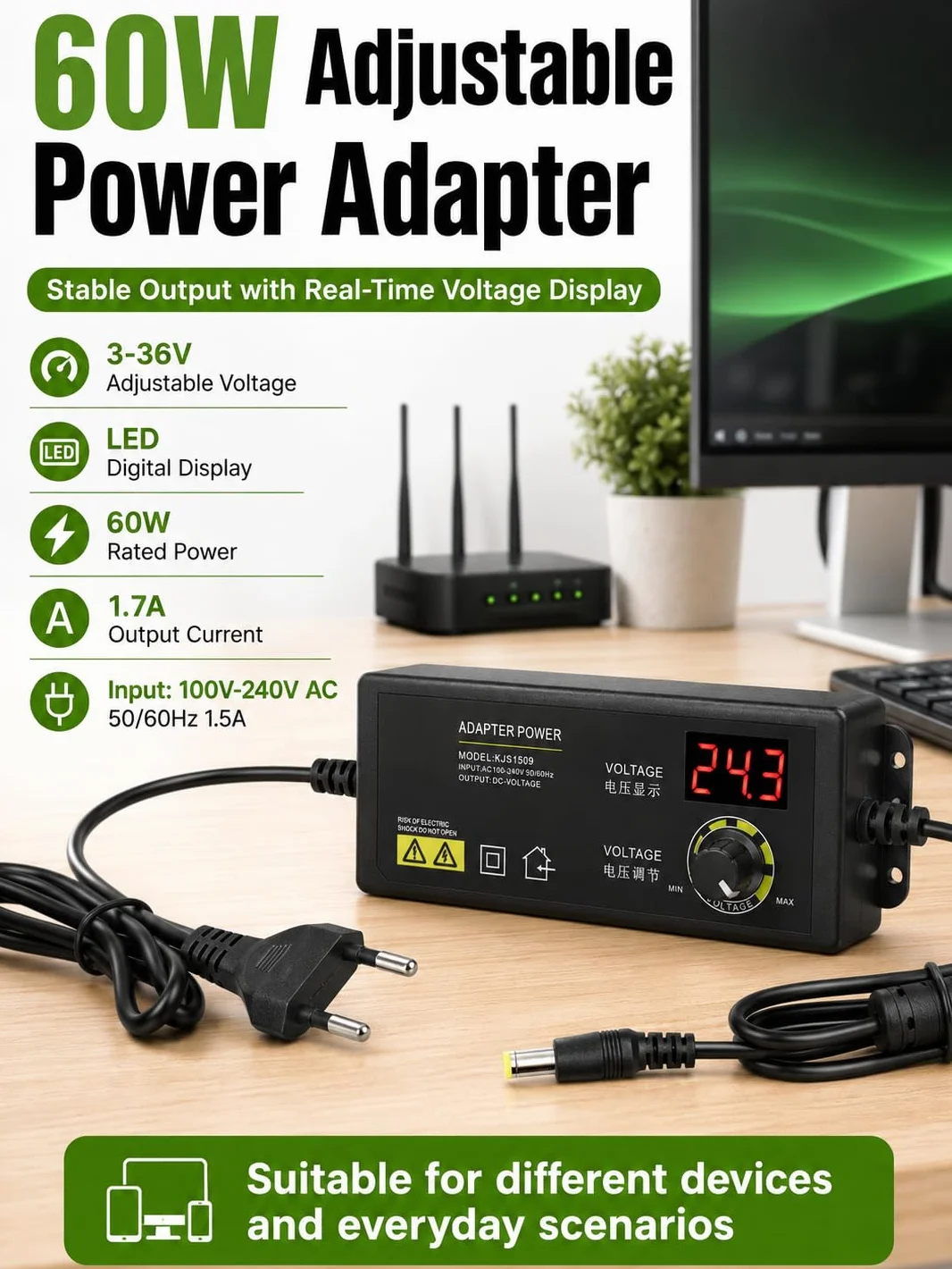 VOBOR Uniwersalny zasilacz AC 100-240 V, 3-36 V, regulowany, 1,7 A wyjście antyzakłócające do monitora LCD, listwy świetlnej LED, silnika
