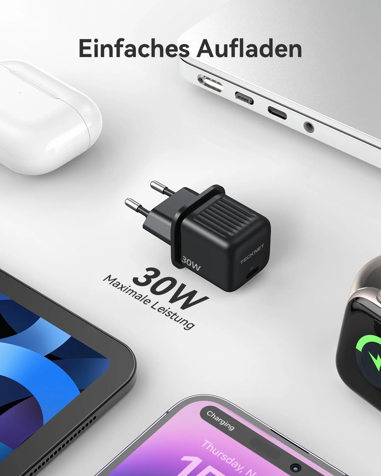 TECKNET 30W ładowarka USB C PD 3.0 GaN III kabel 2M typu C
