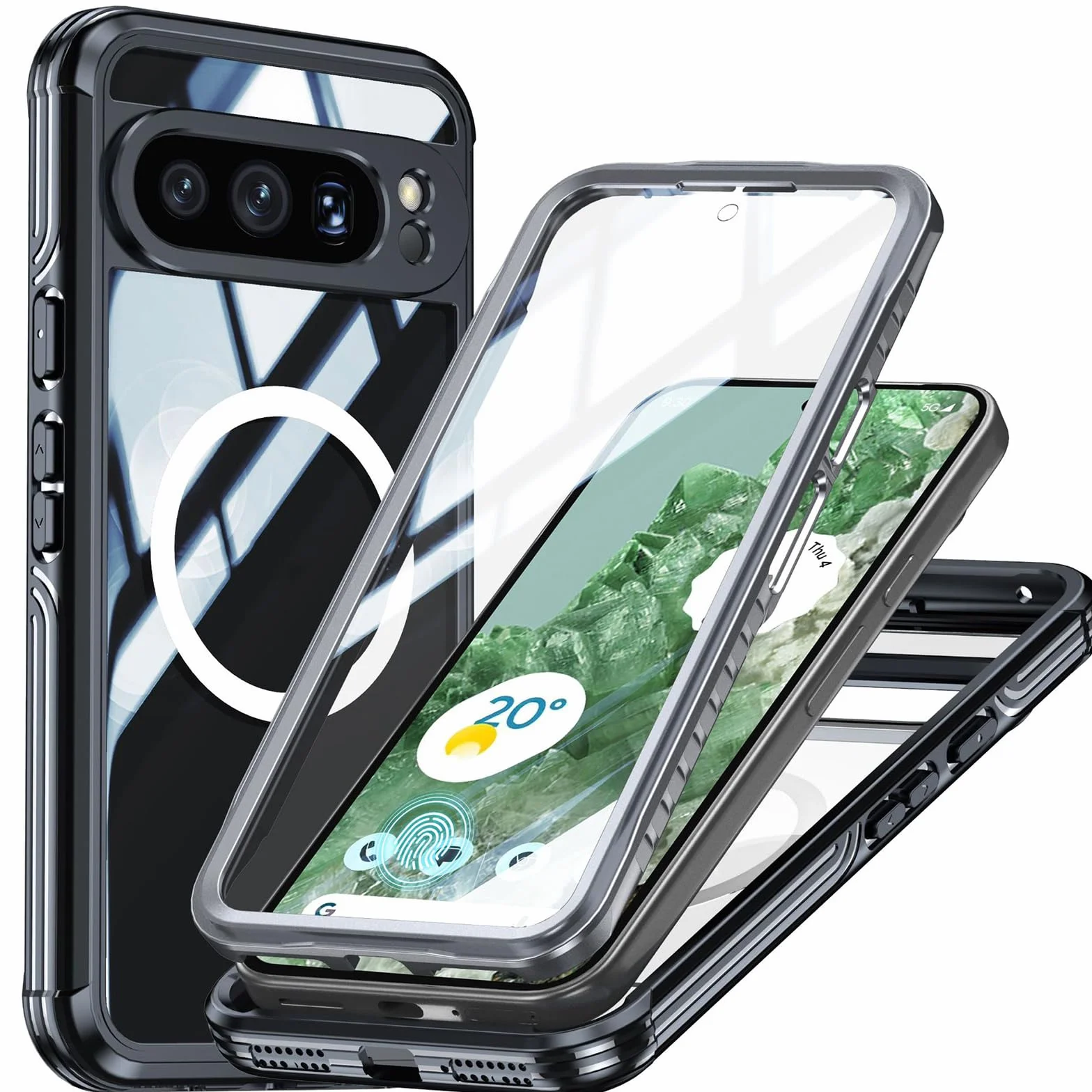 Etui magnetyczne do Google Pixel 9 Pro/9 Pro XL/9, przezroczyste etui chroniące całą obudowę telefonu komórkowego z ochroną ekranu ze szkła hartowanego, zielone, 9