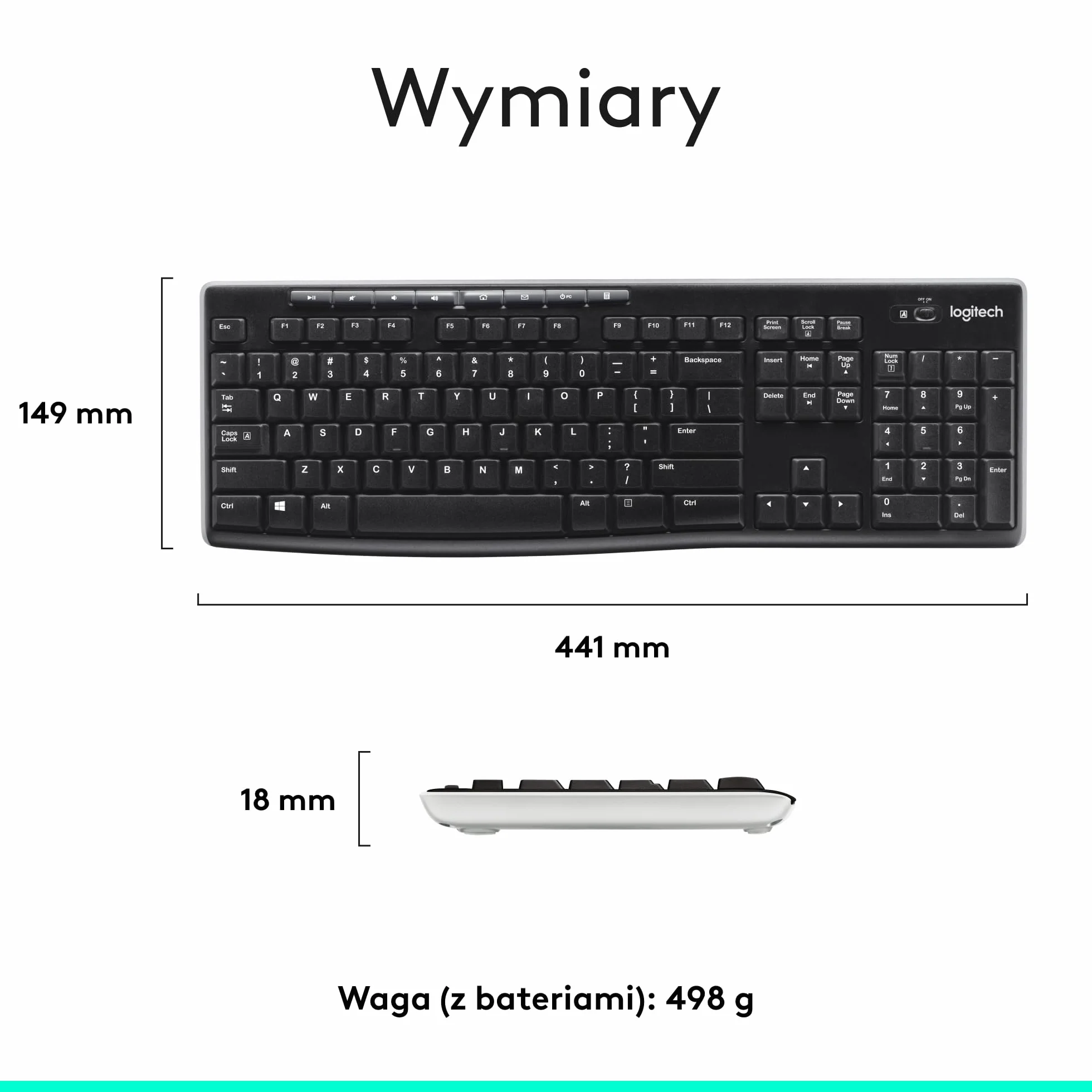 Logitech K270 Klawiatura Bezprzewodowa 2.4 GHz, pełnowymiarowa, 8 klawiszy multimedialnych, 2 lata pracy na baterii, zgodna z komputerem PC/laptopem z Windows, QWERTY układ US international - Czarny
