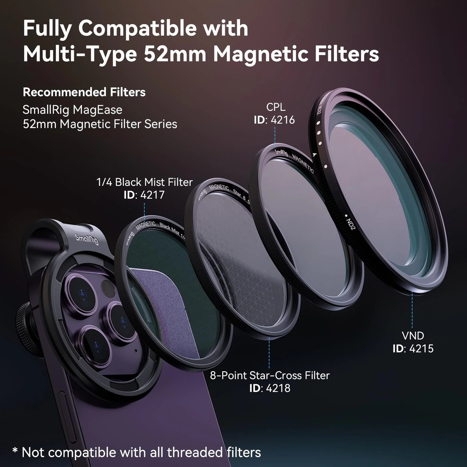 SmallRig 52mm Universal Magnetic Filter Adapter Ring, Magnes z Mechanizmem Szybkiego Uwalniania Ulepszony Pierścień Filtra Obiektywu Telefonu dla iPhone dla Samsunga dla Huawei dla Pixel - 3845B