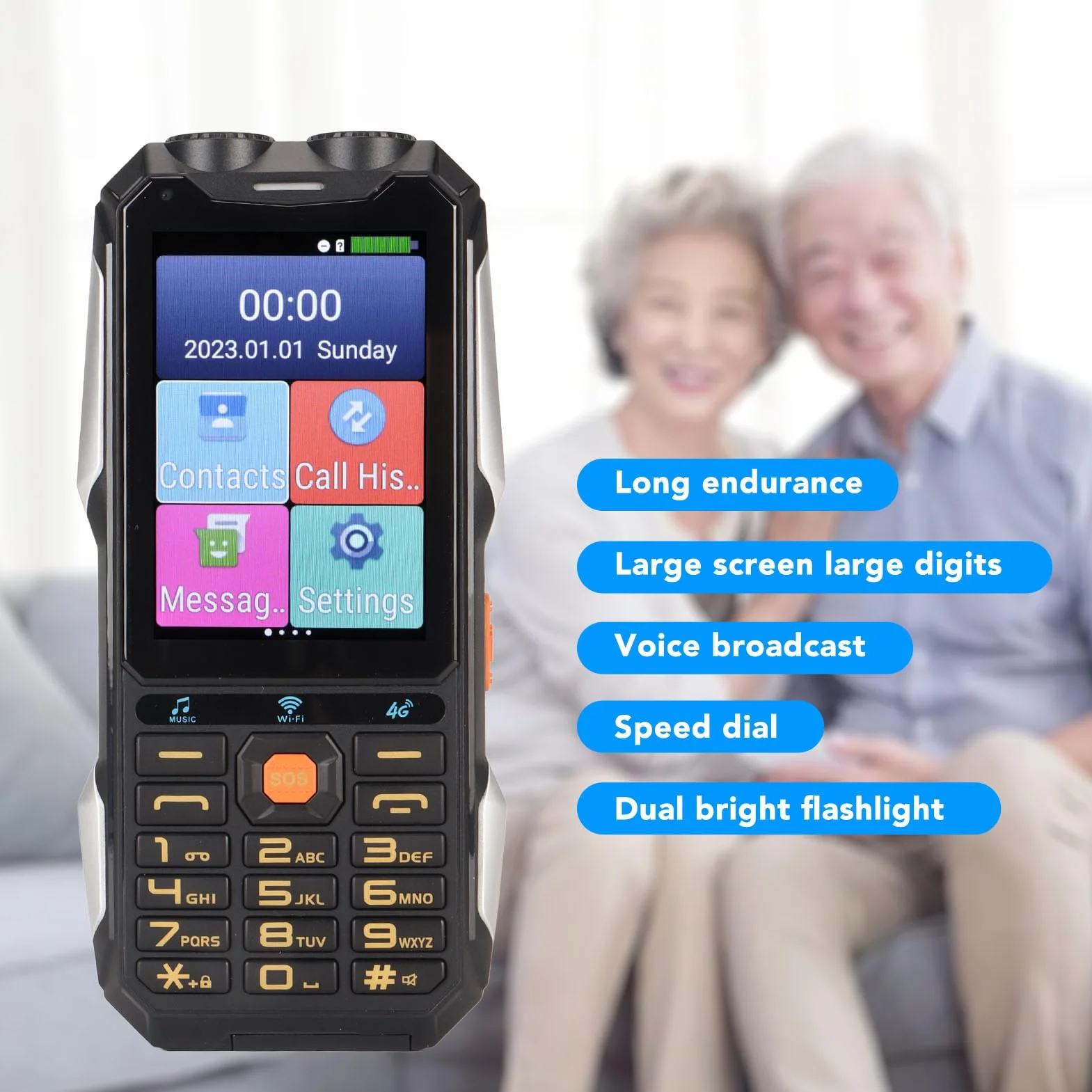 Wytrzymały Telefon Komórkowy dla Seniorów 4G, 4-calowy Ekran Dotykowy, WiFi, Duży Przycisk, Bateria 18000 MAh, Latarka LED, Głośny Dźwięk, Telefon z Szybkim Wybieraniem,7.0, dla