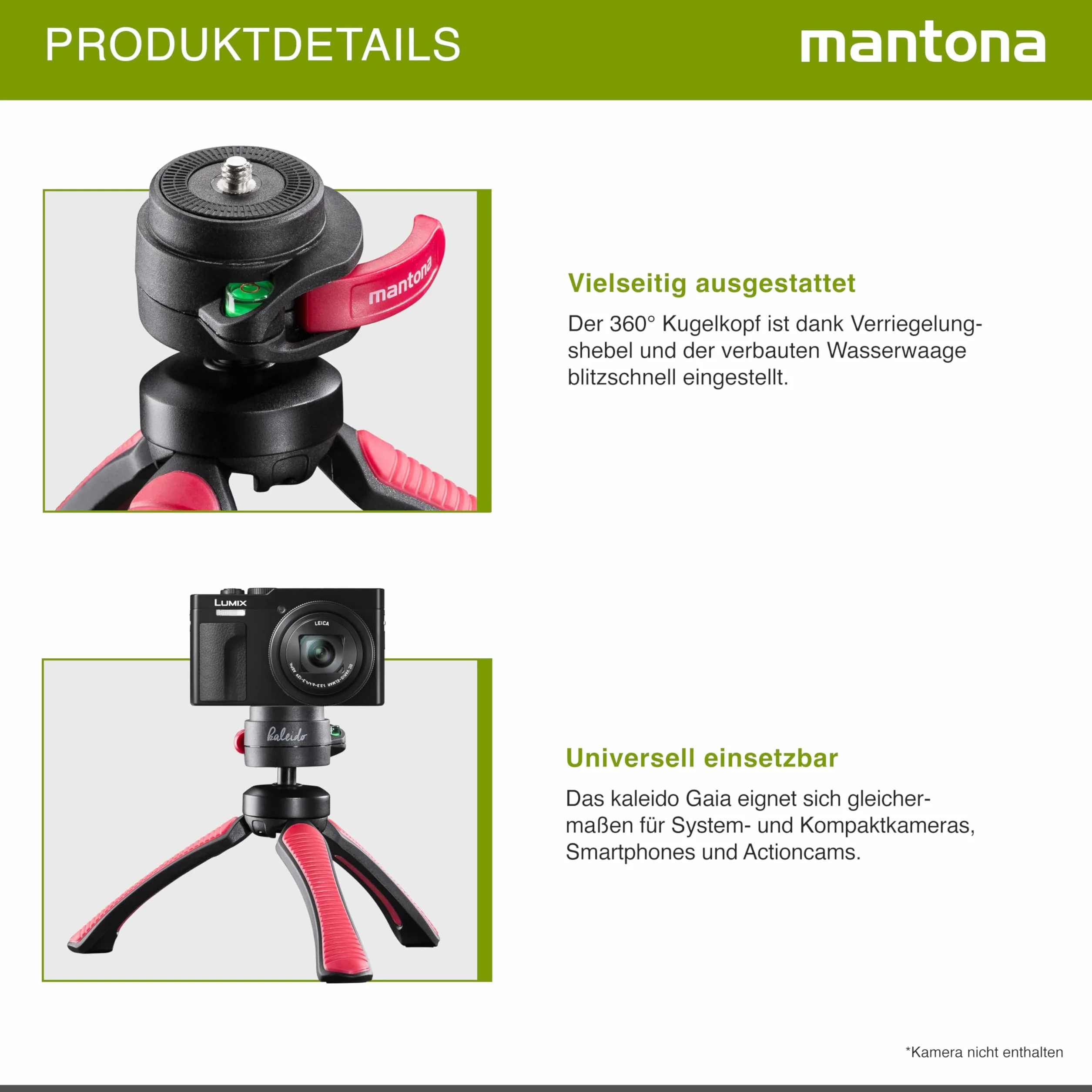 Mantona Kaleido Mini statyw z głowicą kulową 1/4 cala poziomica Chlafe Sundown Red