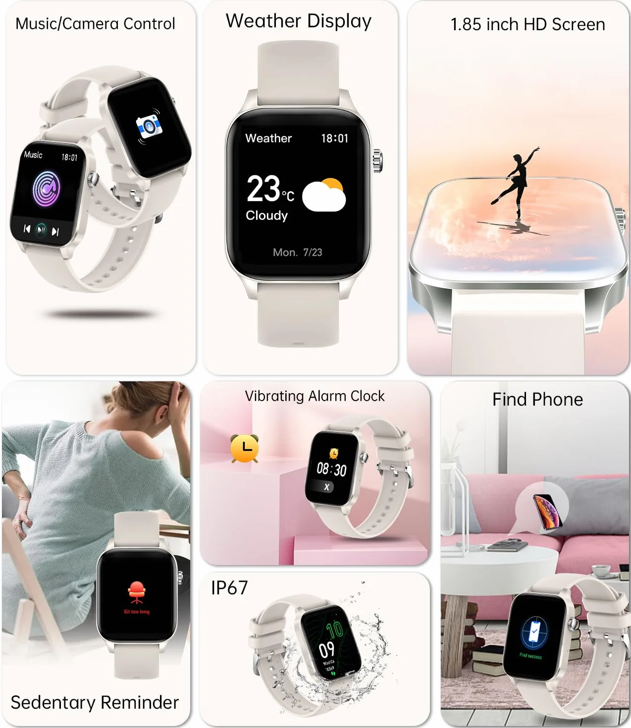 Damski smartwatch z powiadomieniami o połączeniach, zegarek fitness 1,85" krokomierz dla Androida ios asystent głosowy inteligentny zegarek damski z czujnikiem tętna SpO2, 20 trybów sportowych