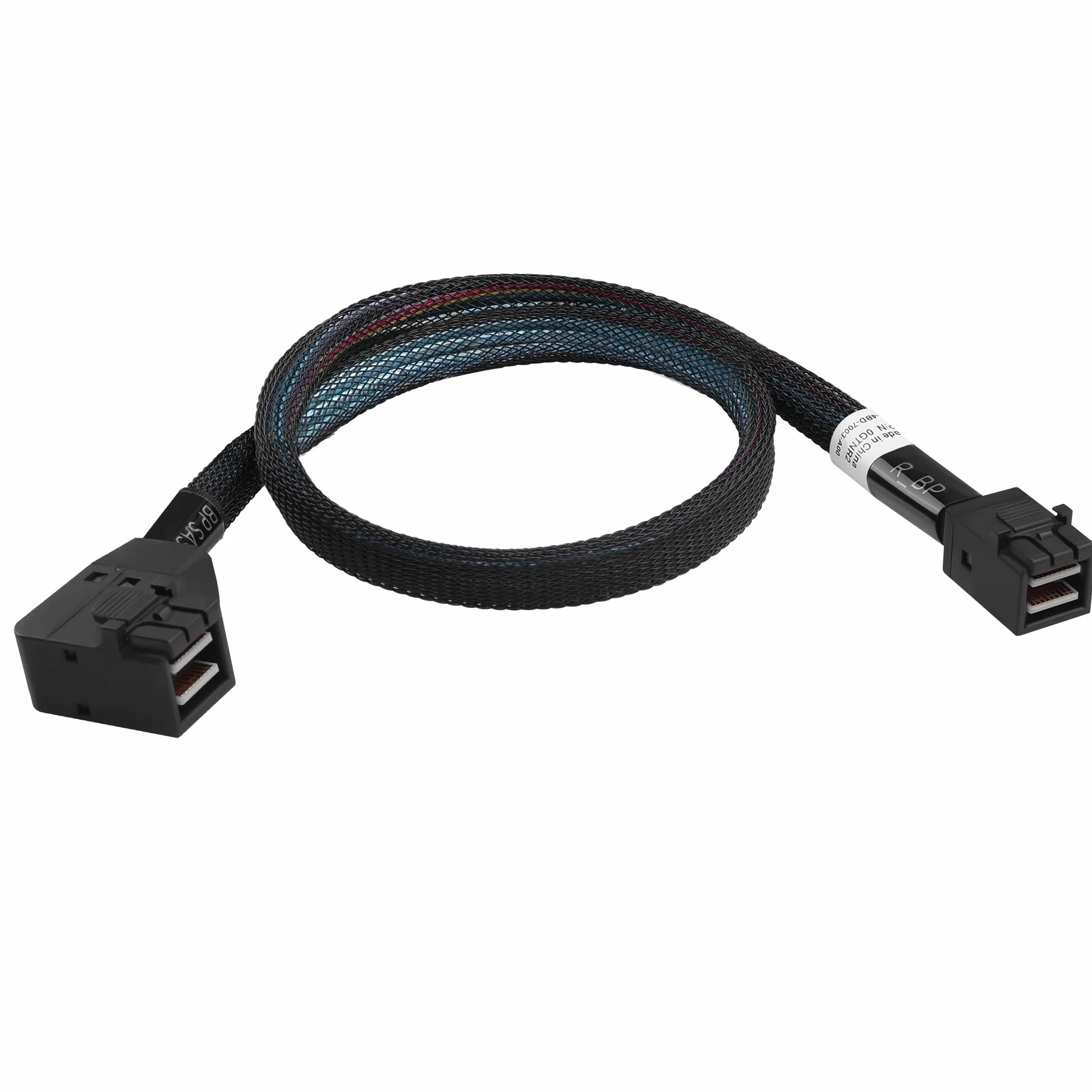 MINI SAS HD SFF-8643 kabel 45 cm, kąt prosty do 90 stopni, wewnętrzny kabel serwerowy z plecionym płaszczem i nasadkami ochronnymi, SAS 3.0 12 Gbps do centrum danych/RAID/SAN