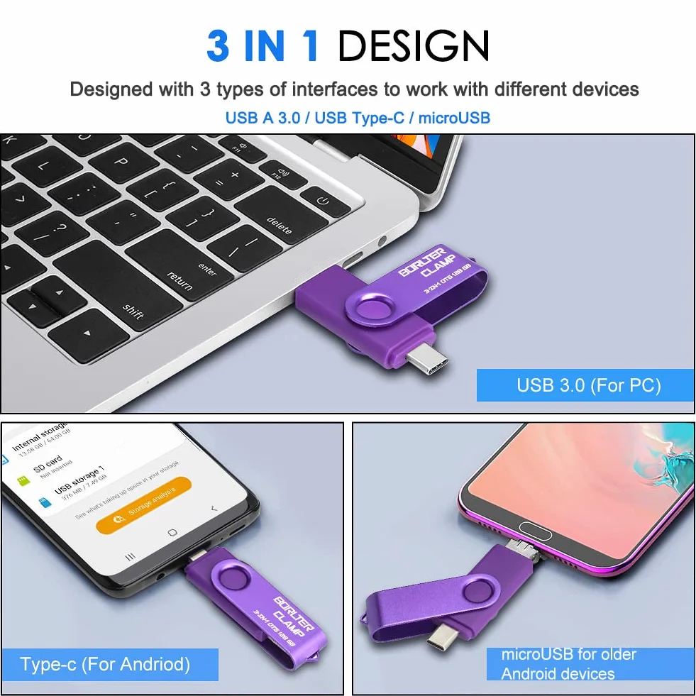 BorlterClamp OTG USB 3.0 Stick 3 w 1 do telefonów Android, Samsunga Galaxy, laptopów i innych (fioletowy)