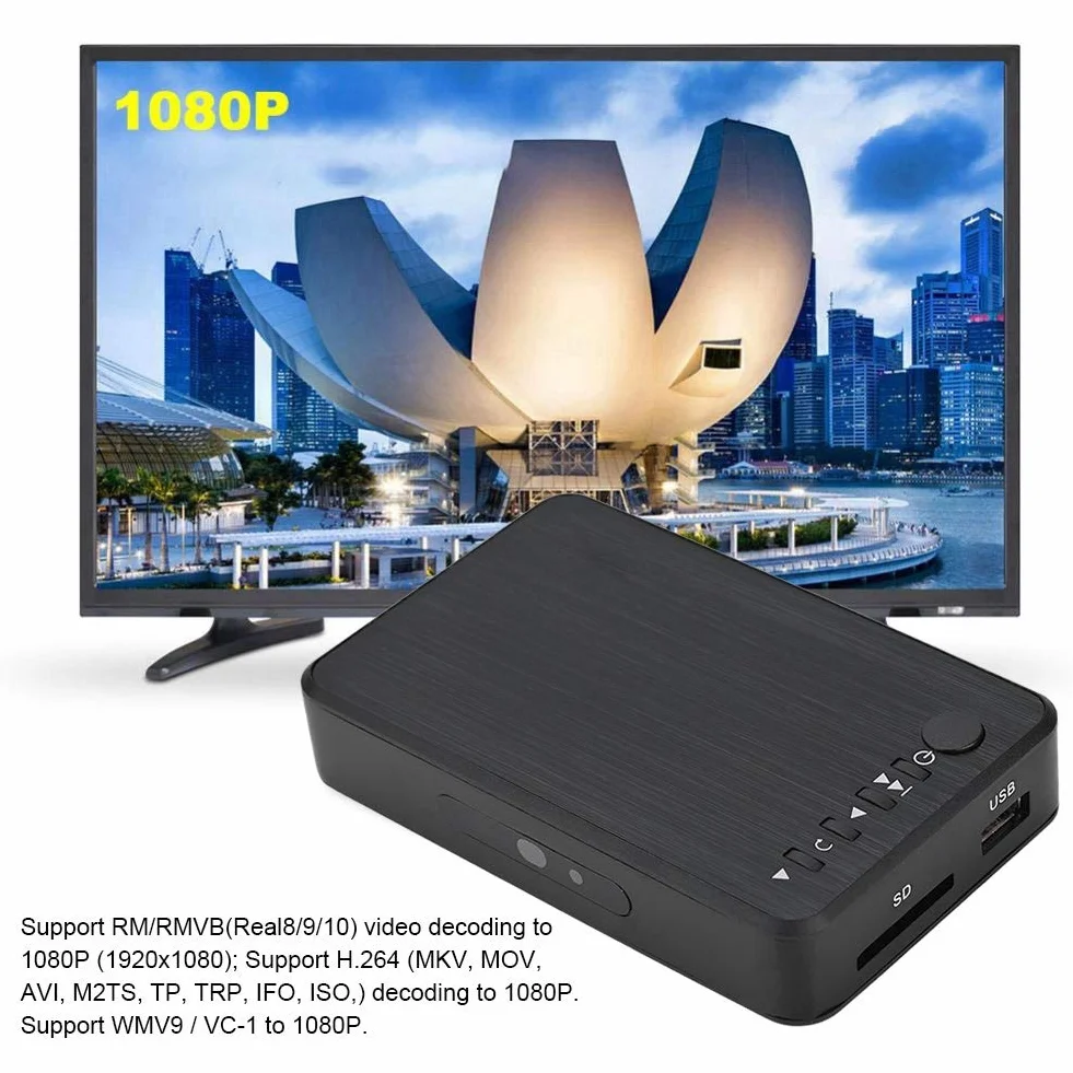 Odtwarzacz multimedialny, odtwarzacz multimedialny audio i wideo 1080P HD HDMI Obsługuje USB, kartę SD, dysk twardy z pilotem na podczerwień, 110 V-240 V. (UE)