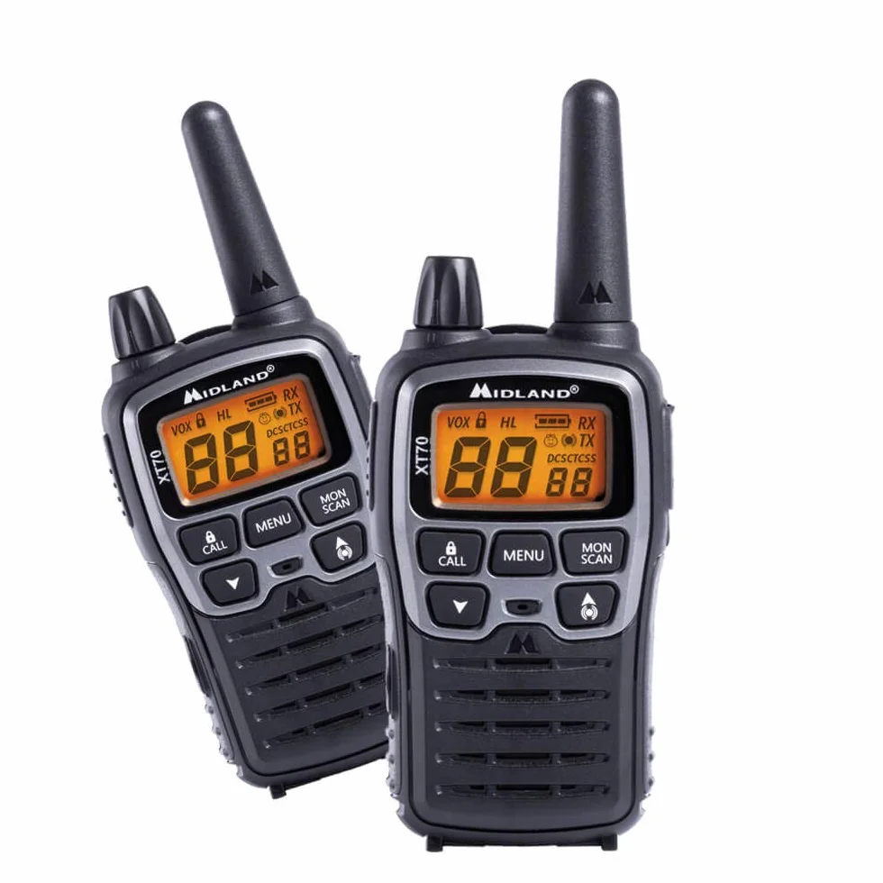 Midland XT70 C1180, Radio Dual Band Ricetrasmittente Professionale Walkie Talkie Szybkie Ładowanie, Format 69 LPD i 24 PMR446, Zasięg 12 km, 38 Tonów, 83 Kody, Zestaw 2 Ricetrasmettitori, Szary
