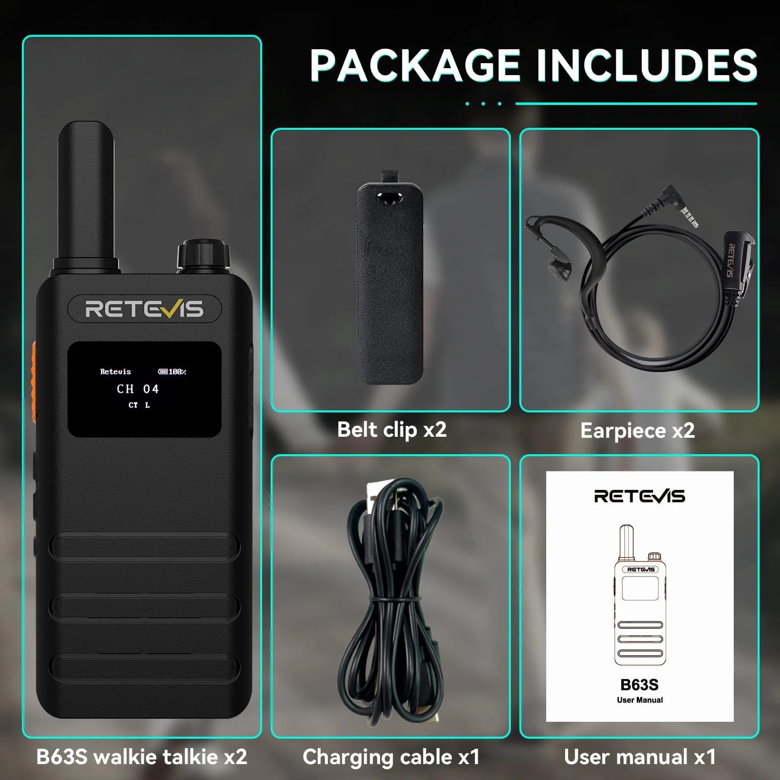 Retevis B63S Walkie Talkie Możliwości Ładowania, Ręczne Radio 2-Kierunkowe PMR446, USB C, LCD VOX Wolne Ręce Profesjonalne Walkie-Talkie Dla Rodziny Kempingowej (2 Szt, Czarne)