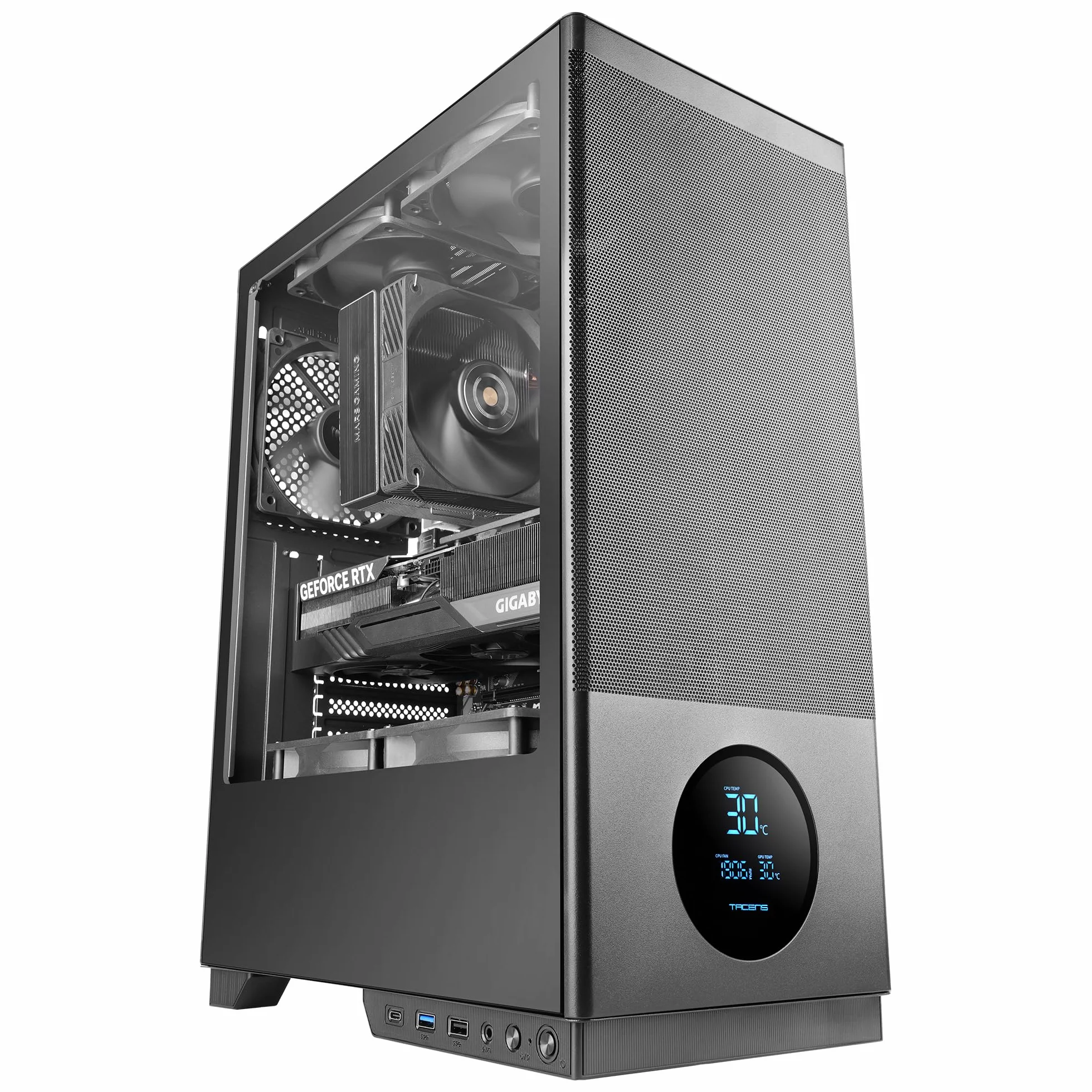 Tacens SAGITTA20, Obudowa PC ATX, Wyświetlacz LED z Temperaturami w Czasie Rzeczywistym, 3x Wentylatory 120mm, Boczne Szkło Hartowane, Przednia Metalowa Siatka Przeciwkurzowa, CableHatch, Czarny