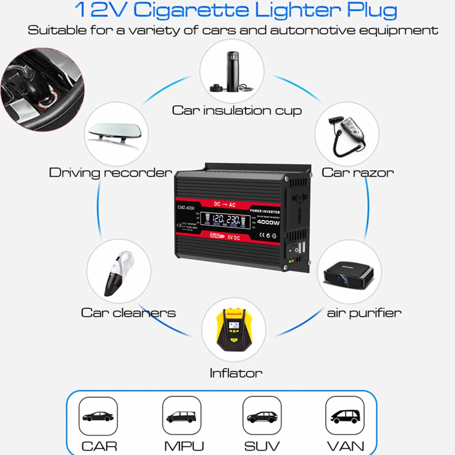 Przetwornice Mocy 300 W, Przetwornica Napięcia Samochodowego 12 V do 110 V 220 V AC Konwerter z 2 Falownikami USB i Zapalniczką Samochodową do Ciężarówki,Black-110V