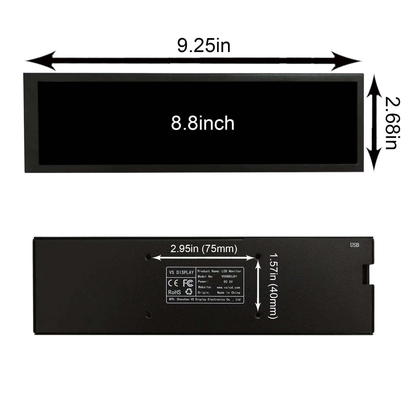 VSDISPLAY Czarny 8,8" 1920x480 600 nit IPS długi pasek monitor LCD | port wideo USB, do samodzielnego podekranu/wyświetlacza obudowy PC
