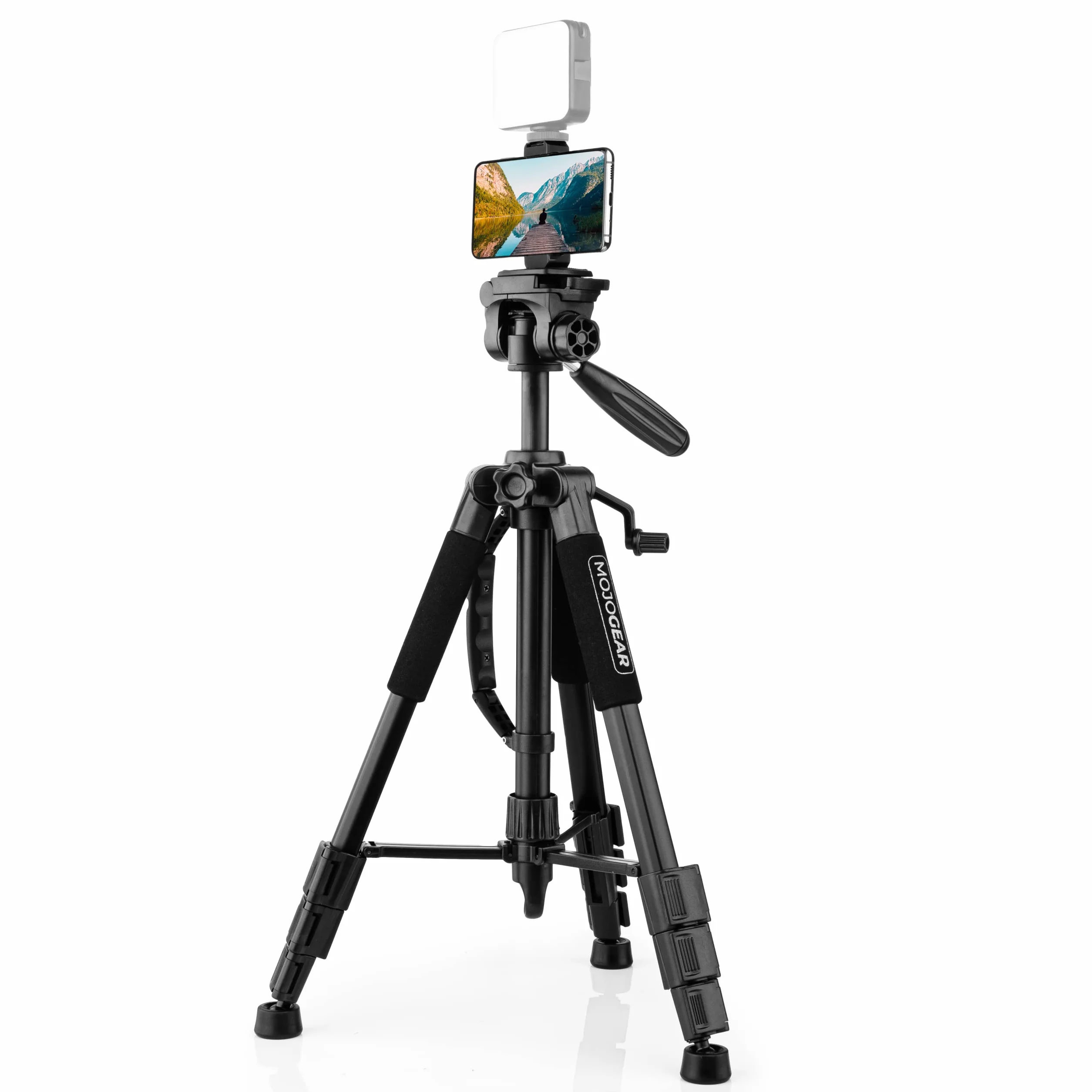 MOJOGEAR 140 cm statyw wideo z premium uchwytem na smartfona - aluminiowy statyw DSLR do aparatu i telefonu komórkowego, trójnóg podróżny, z 3-drożną głowicą kulową, płytką szybkiej wymiany, torbą