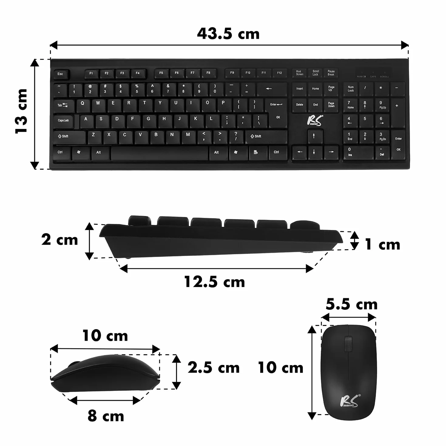 Bezprzewodowa klawiatura i mysz NanoRS RS580 połączenie 2,4 GHz 104 klawisze klawiatura numeryczna ergonomiczna mysz 1200 DPI kompatybilna z Windows Mac + 2 baterie przemysłowe AAA w zestawie