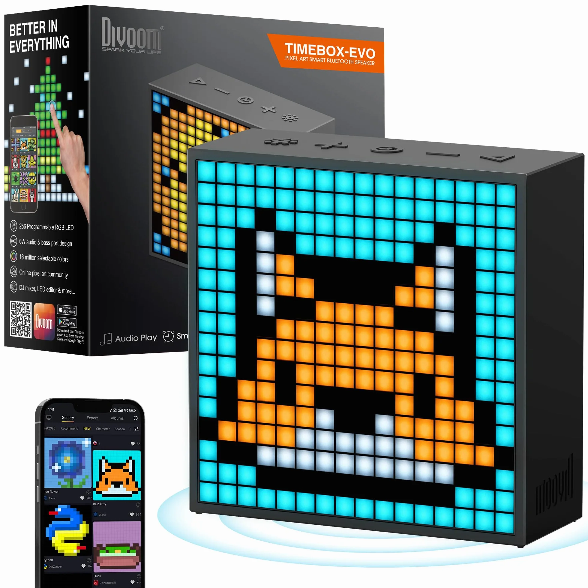 Divoom Timebox evo Pixel Art LED Bluetooth Speaker App Control, inteligentny przenośny głośnik bezprzewodowy z potężnym basem, obsługuje radio z budzikiem, mikrofon (czarny, 1 opakowanie)