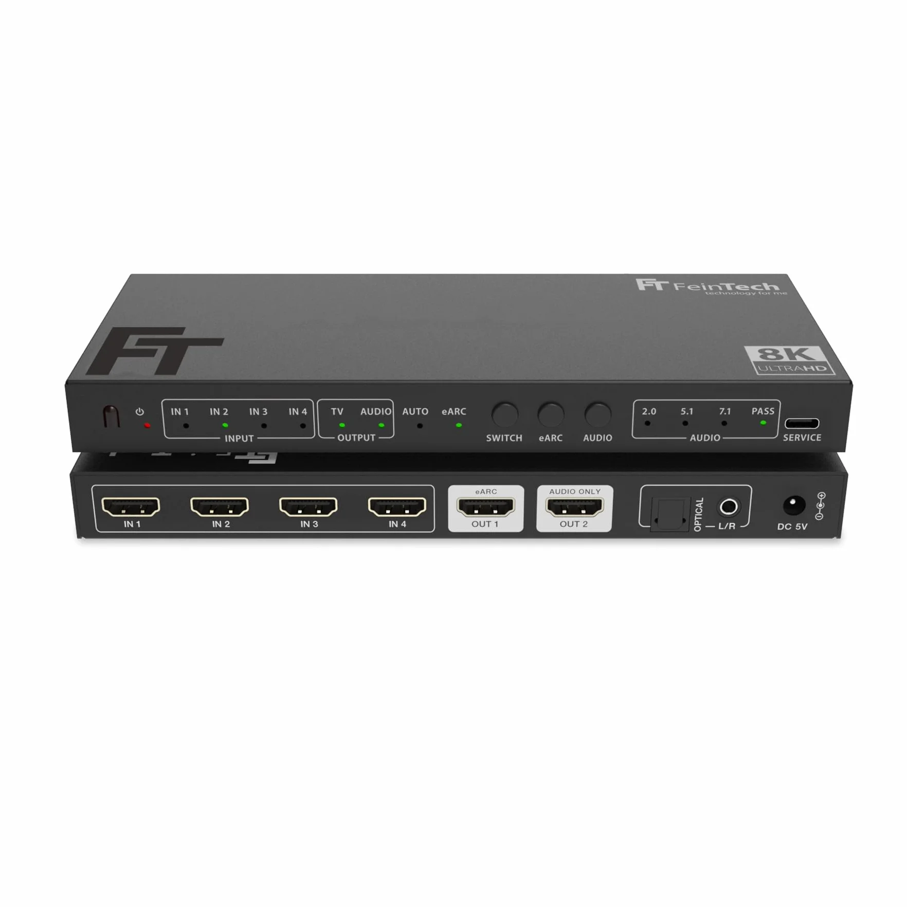 FeinTech SW411 HDMI 2.1 Switch 4 w 1 Out z ekstraktorem audio do systemów dźwiękowych z wejściem HDMI, Toslink i AUX, obsługuje 4K 120Hz i 8K