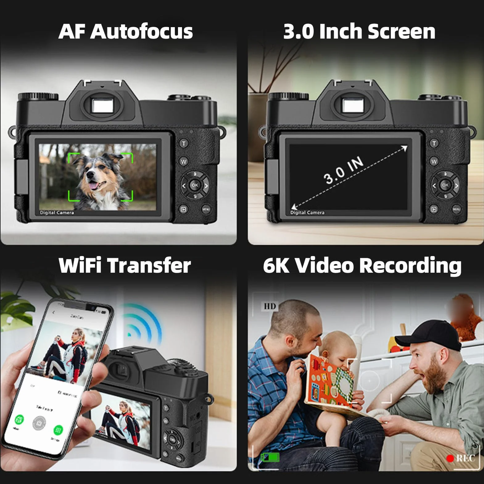 Aparat Cyfrowy 6K, 64MP Autofocus 16x Zoom Cyfrowy Aparat Fotograficzny z Transferem Wi -Fi, Błyskowa LED, Kompaktowa dla Dorosłych Nastolatków Początkujących (BLACK)