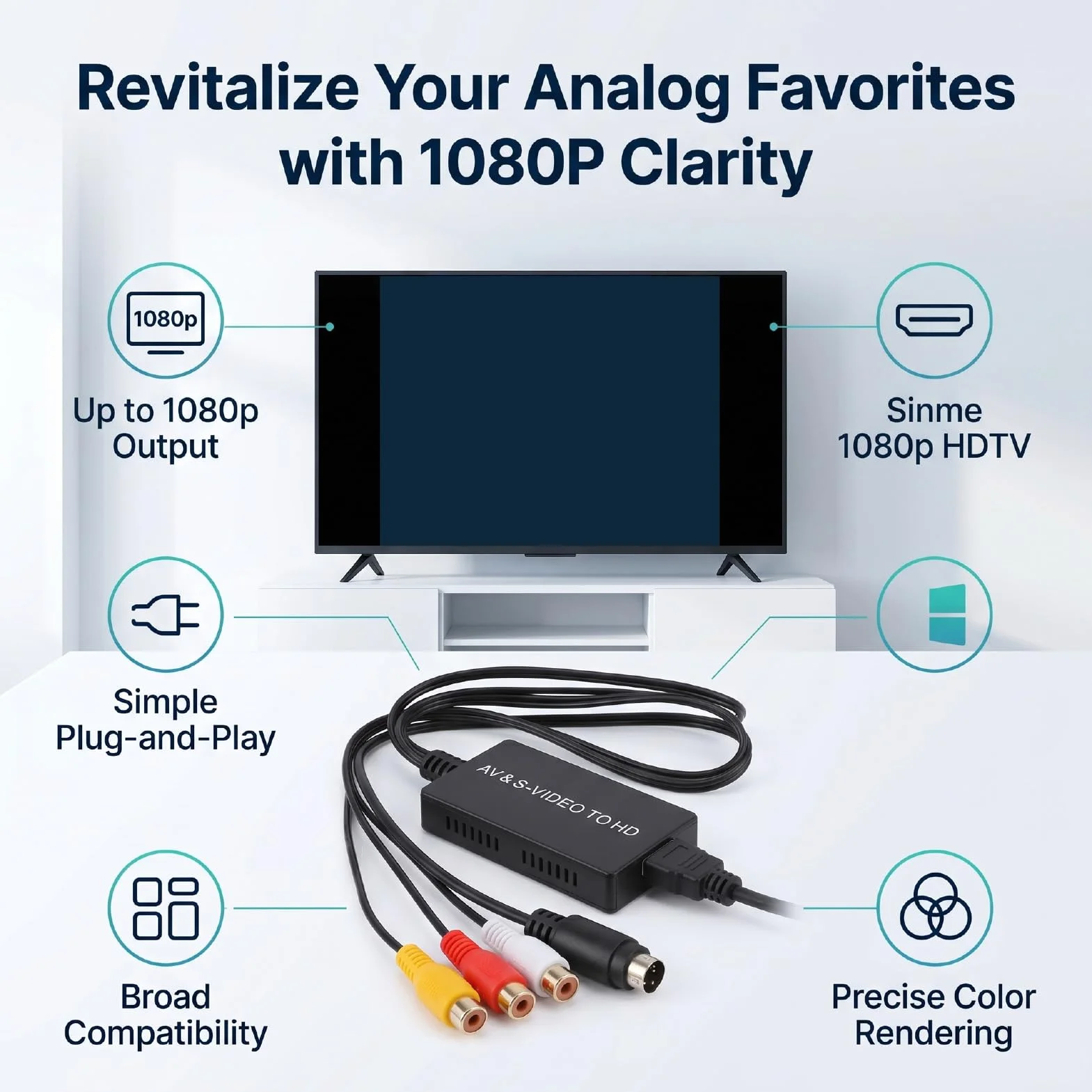 Sxhlseller Konwerter S Video AV na HD 1080P 60 Hz Wyjście AV na Adapter HDMI z funkcją Plug Play Zasilanie USB do Monitora HDTV Stara Konsola do Gier Odtwarzacz DVD