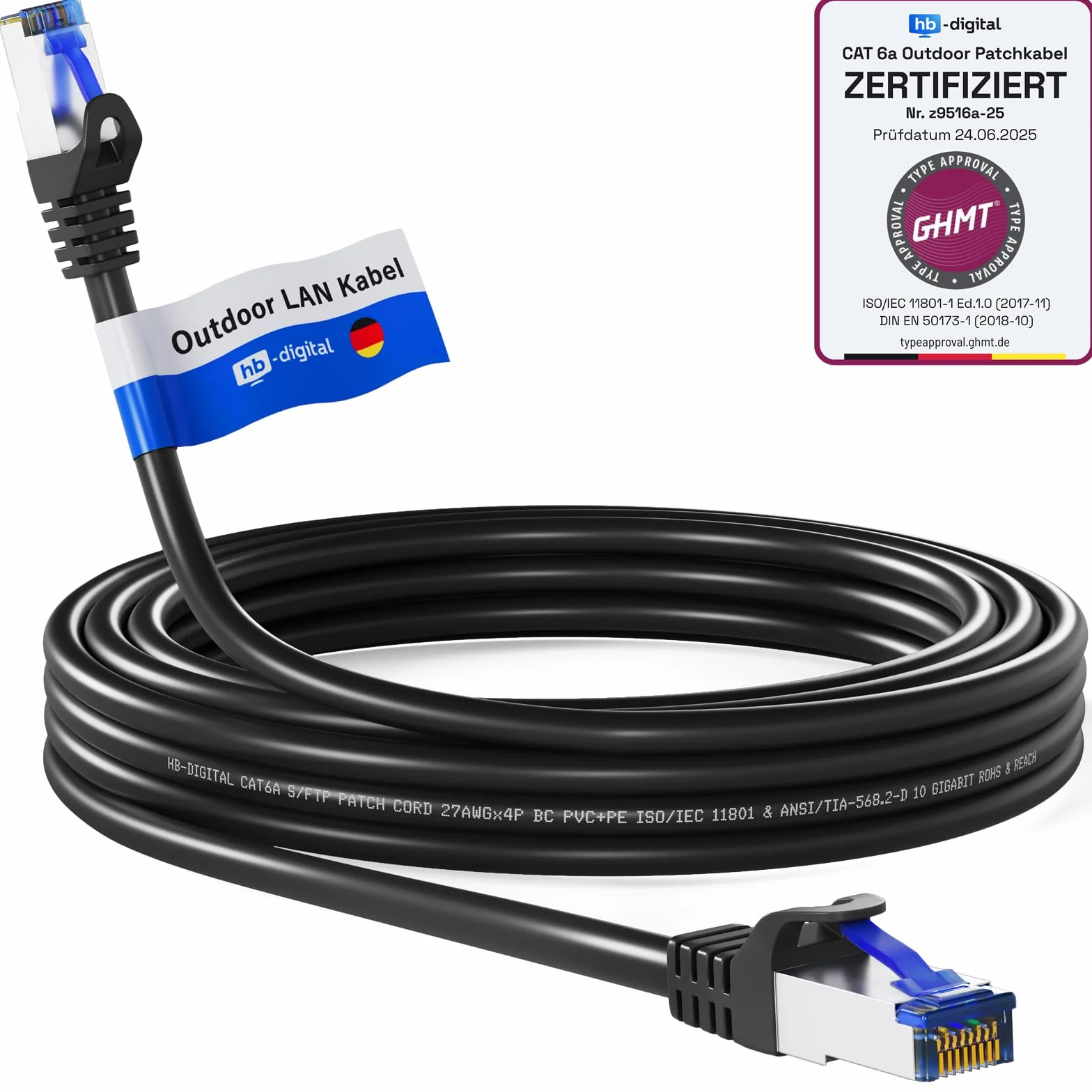 HB-DIGITAL Kabel sieciowy CAT 6a Outdoor LAN IP66 RJ45 Ethernet S/FTP PiMF 10 Gbit/s AWG 27/7 czarny