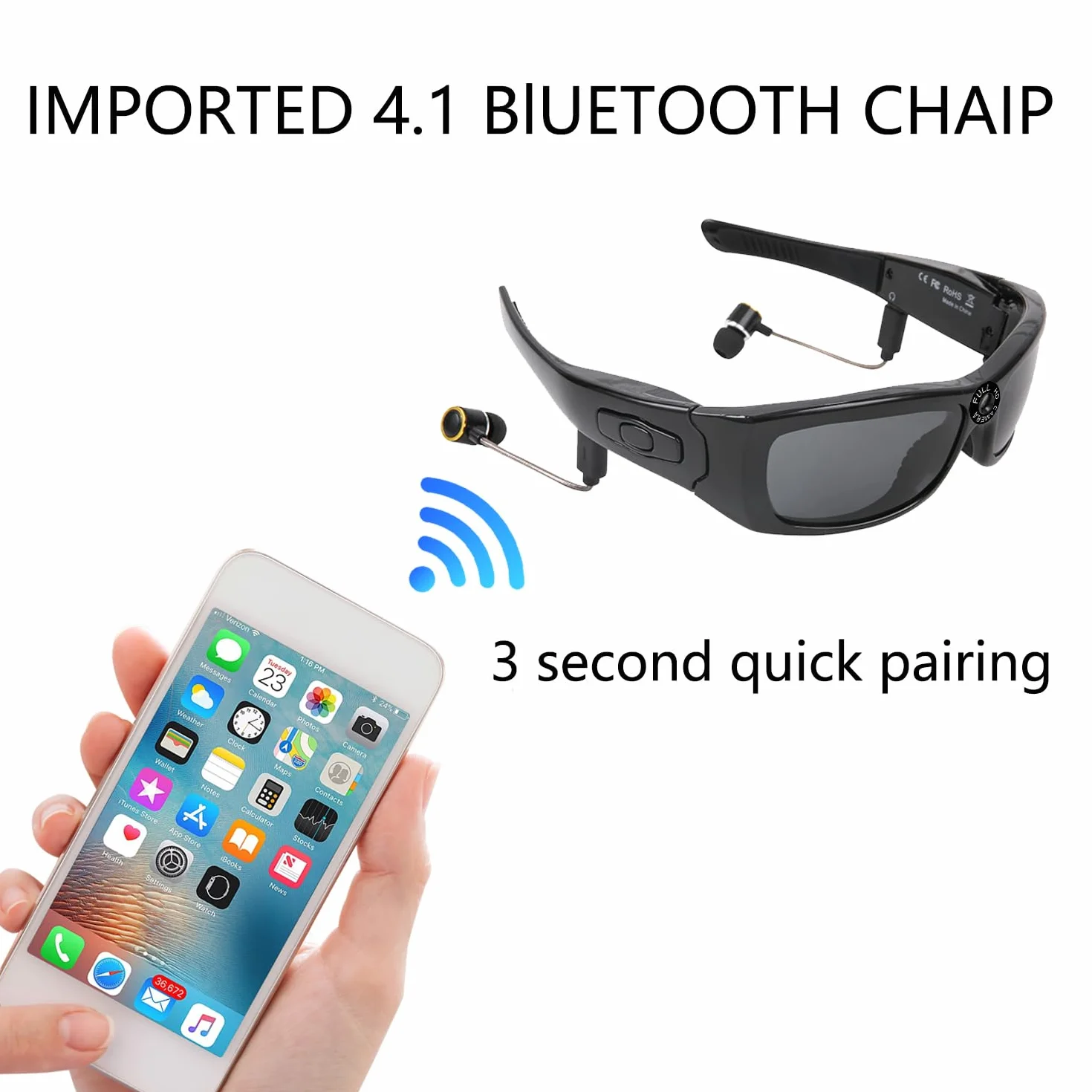 Okulary do Aparatu Full HD 1080p, Zdjęcia i Wideo, Okulary do Noszenia Bluetooth, Okulary do Spolaryzowanych Okularów Mini Kamera Wideo dla Mężczyzny i Kobiety, Okulary Sportowe